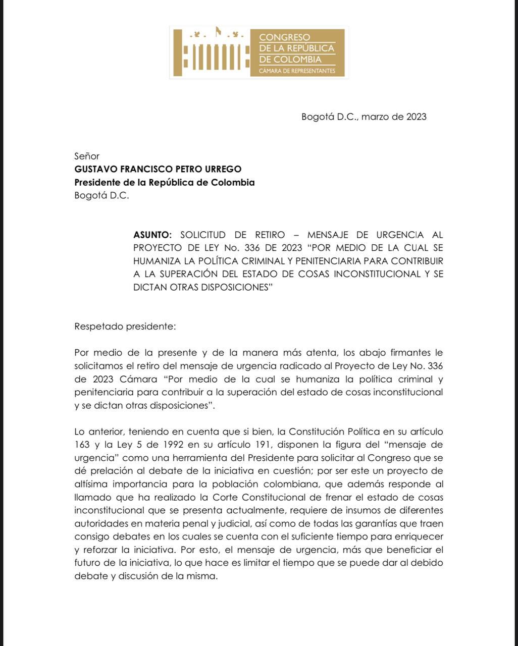 La carta del Congreso a Gustavo Petro donde le piden levantar el mensaje de urgencia de la ley de excarcelación.