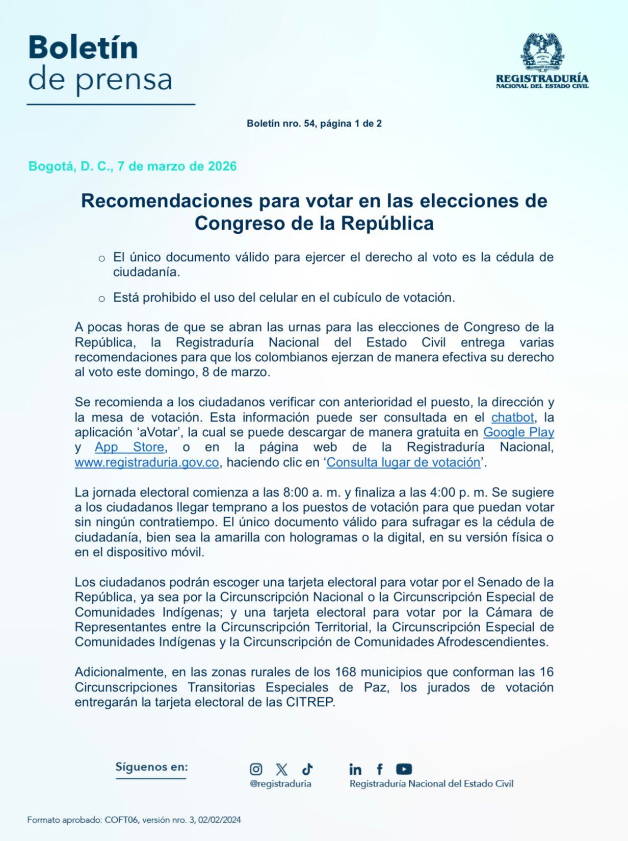 Recomendaciones de la Registraduría para votar en las elecciones de Congreso de la República.