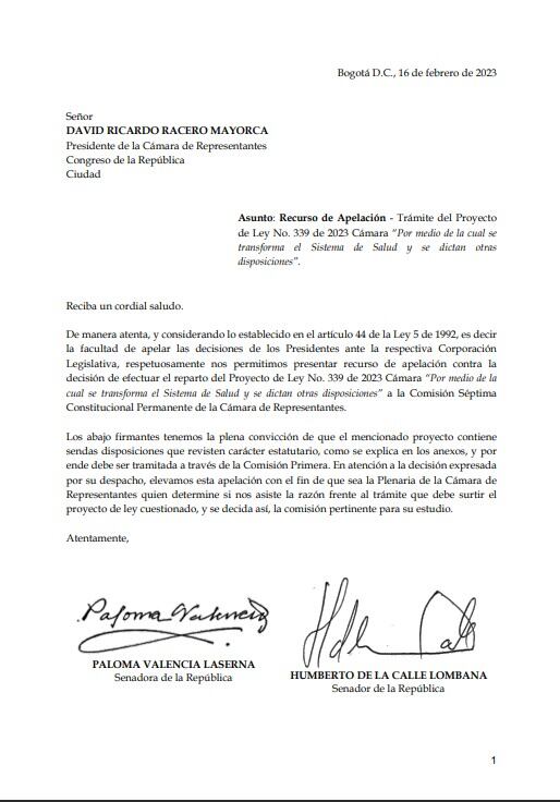 Recurso de apelación contra la decisión de tramitar la reforma a la salud como ley ordinaria.