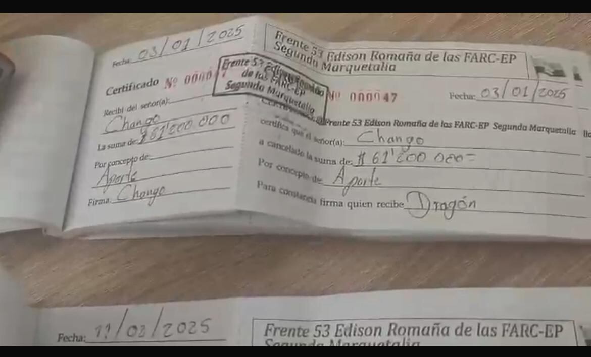 Talonarios extorsivos de la Segunda Marquetalia.