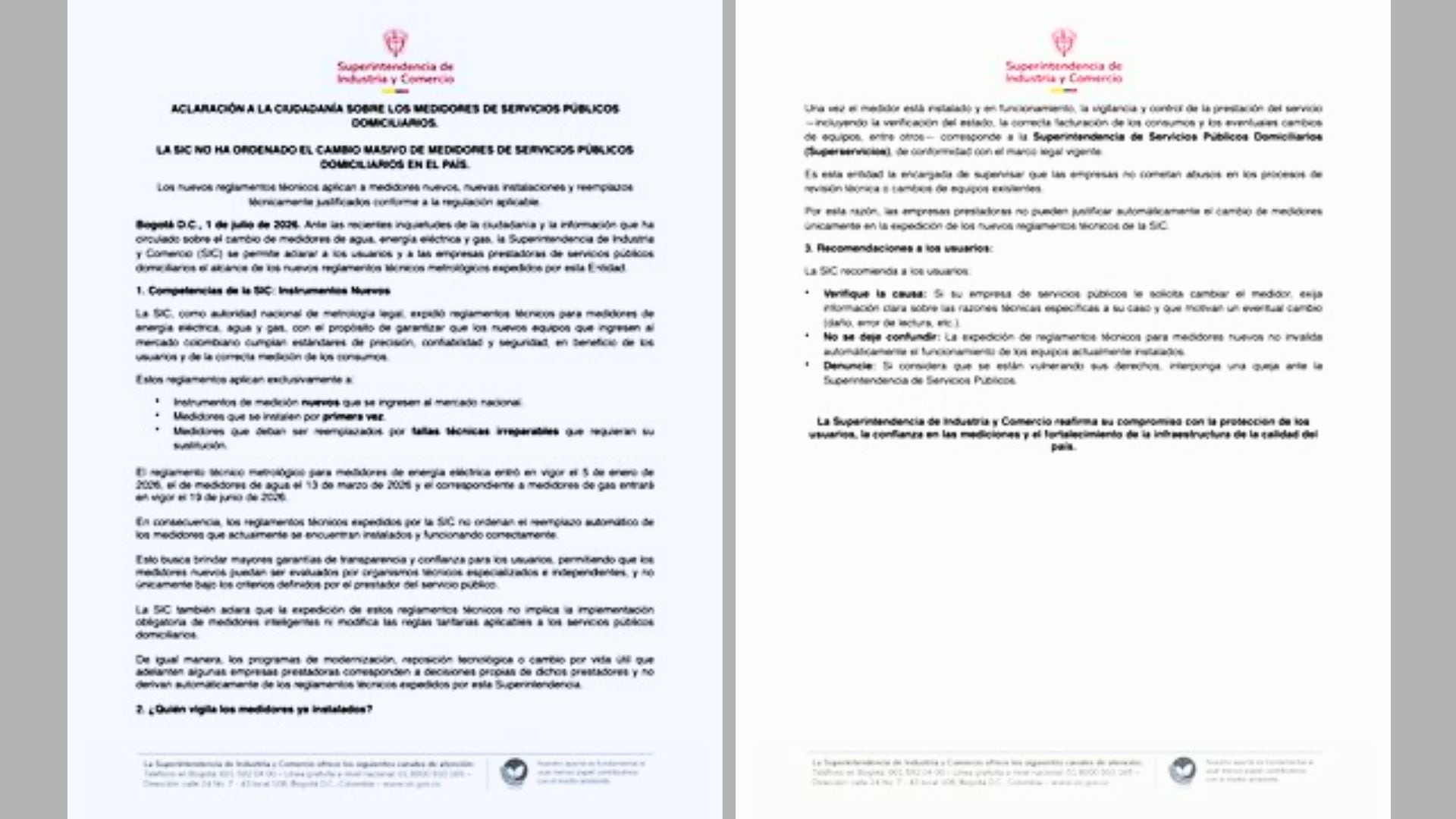 La Superintendencia de Industria y Comercio aclaró que no ha ordenado el cambio masivo de medidores de servicios públicos y explicó el alcance de los nuevos reglamentos técnicos.