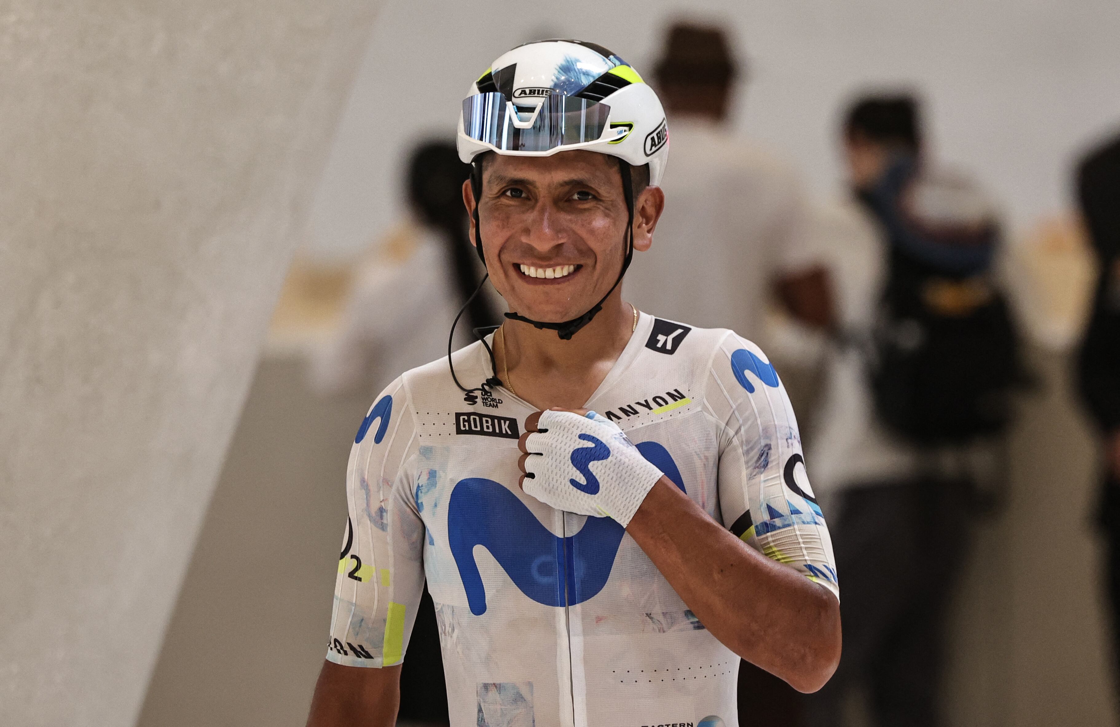 Movistar Team's Colombian rider Nairo Quintana Rojas arrives at the Zayed National Museum ahead of the seventh and final stage of the UAE Tour cycling event from Zayed National Museum to Abu Dhabi Breakwater in Abu Dhabi on February 22, 2026. (Photo by Fadel SENNA / AFP)