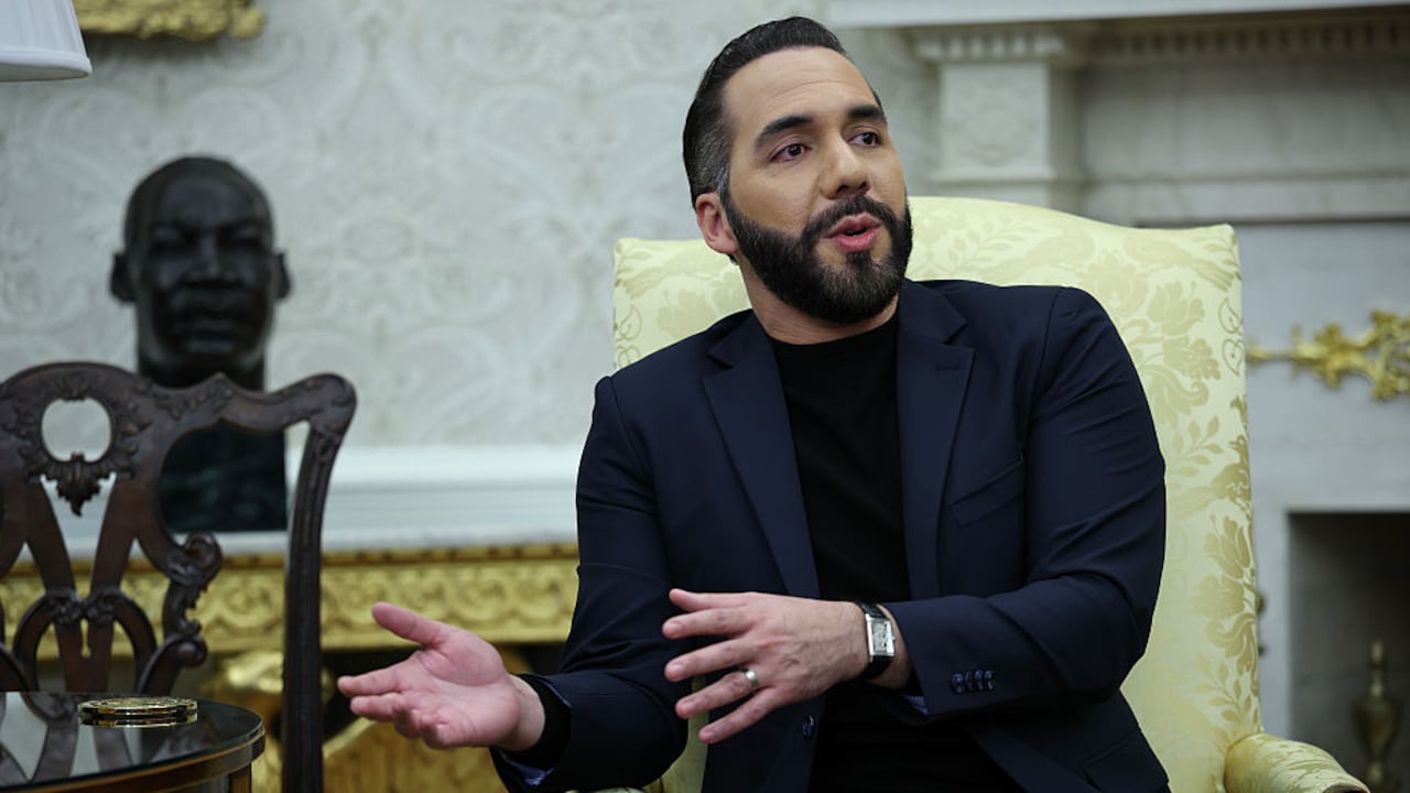 WASHINGTON, DC - APRIL 14: President Nayib Bukele of El Salvador meets with U.S. President Donald Trump in the Oval Office of the White House April 14, 2025 in Washington, DC. Trump and Bukele were expected to discuss a range of bilateral issues including the detention of Kilmar Armando Abrego Garcia, who has been held in a prison in El Salvador since March 15. (Photo by Win McNamee/Getty Images)