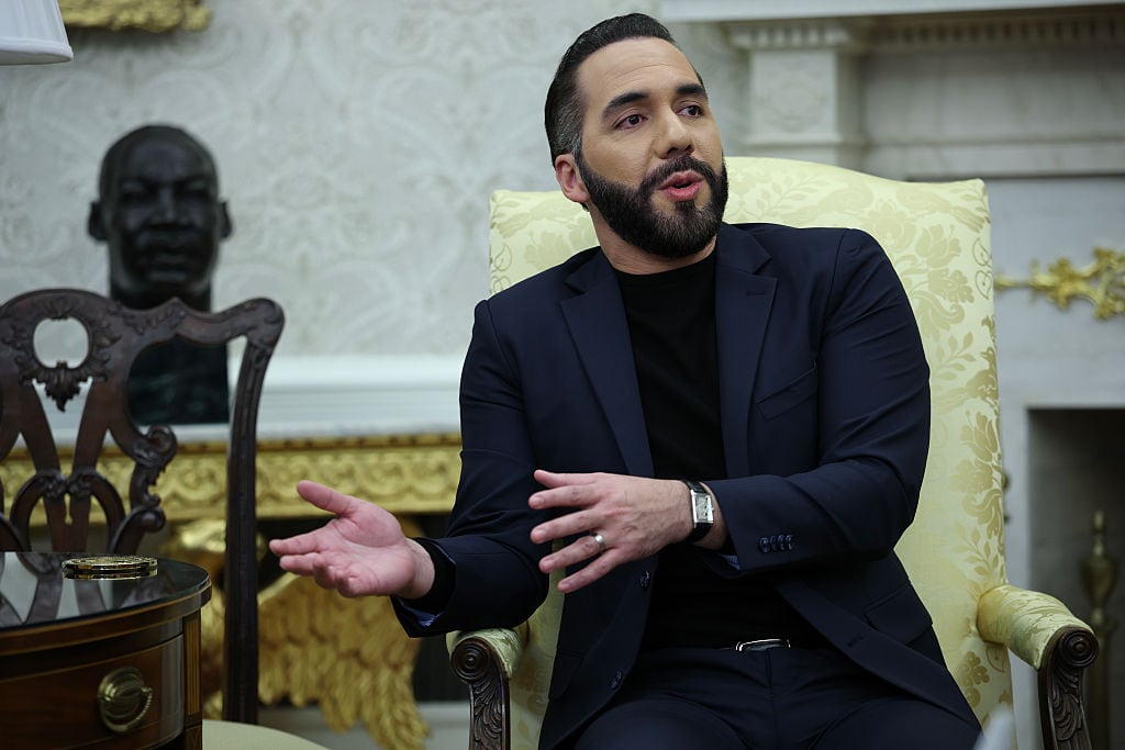 WASHINGTON, DC - APRIL 14: President Nayib Bukele of El Salvador meets with U.S. President Donald Trump in the Oval Office of the White House April 14, 2025 in Washington, DC. Trump and Bukele were expected to discuss a range of bilateral issues including the detention of Kilmar Armando Abrego Garcia, who has been held in a prison in El Salvador since March 15.  (Photo by Win McNamee/Getty Images)