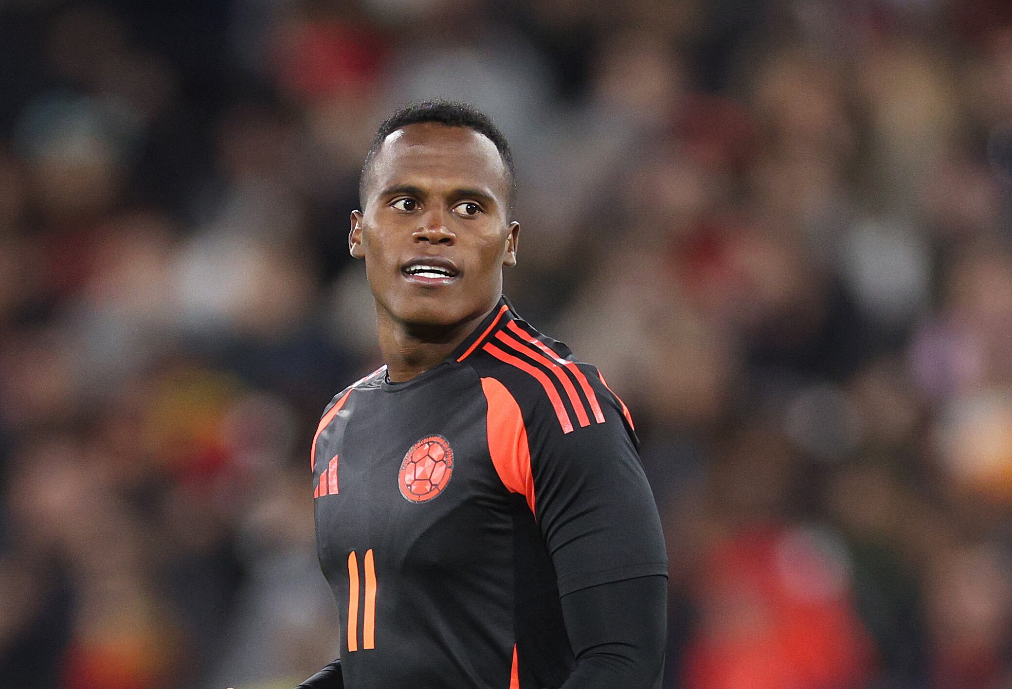 LONDON, ENGLAND - MARCH 22: Jhon Arias of Columbia looks on during the international friendly match between Spain and Colombia at London Stadium on March 22, 2024 in London, England. (Photo by Warren Little/Getty Images)