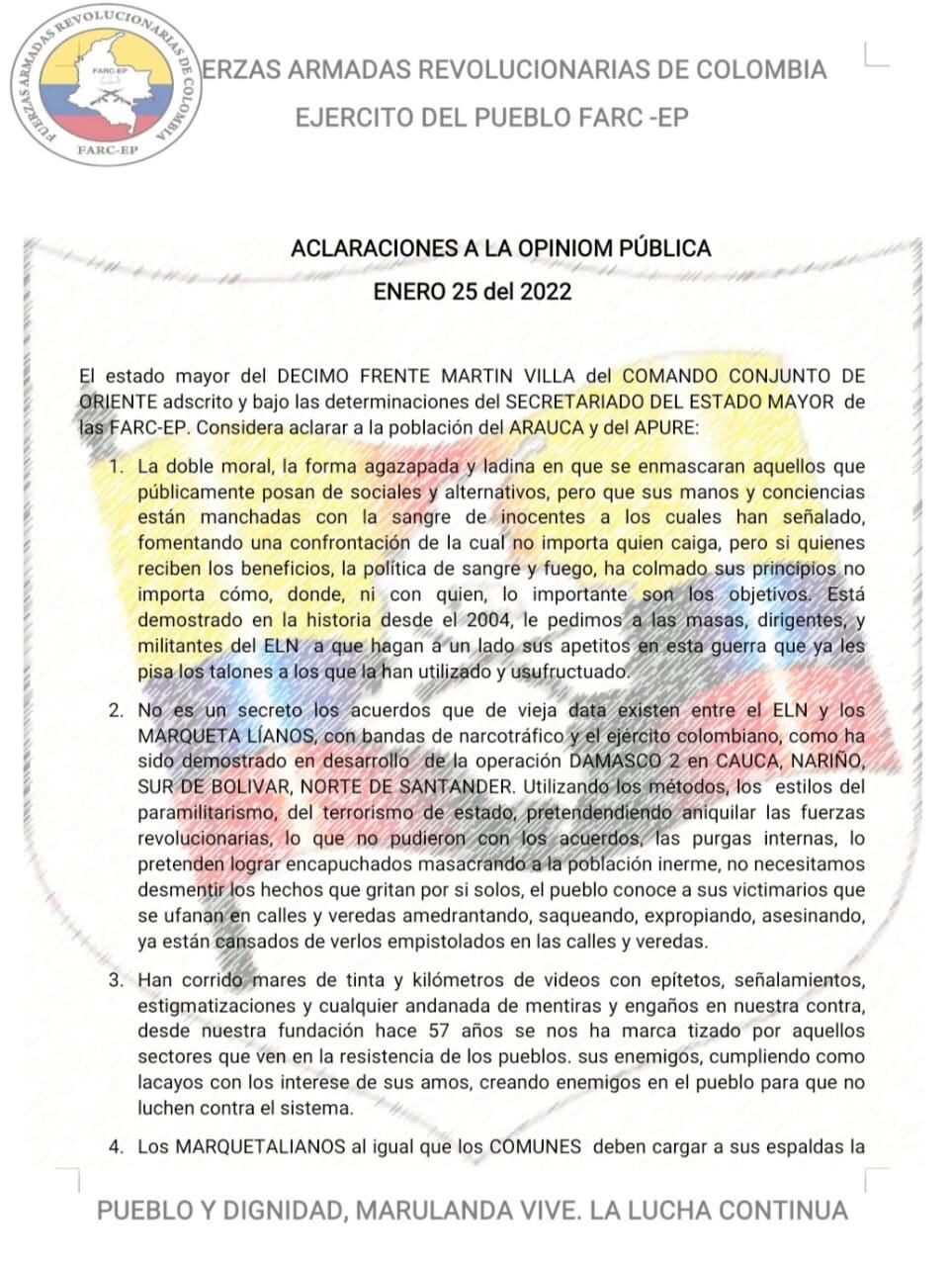 Comunicado de las disidencias comandadas por Botache Santillana, alias Gentil Duarte, y Néstor Gregorio Vera, alias Iván Mordisco,