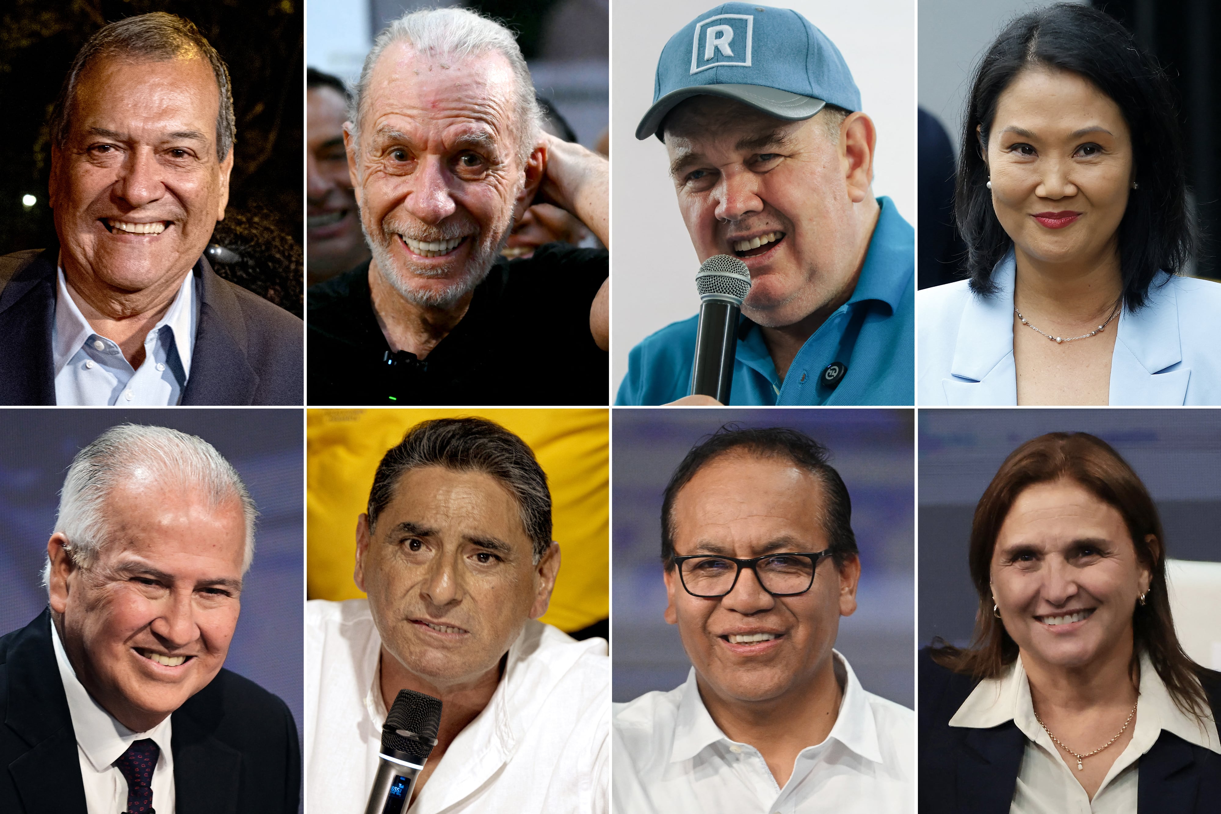 Jorge Nieto, Ricardo Belmont, Rafael López Aliaga, Keiko Fujimori, Alfonso López-Chau, Carlos Álvarez, Roberto Sánchez y Marisol Pérez Tello. Perú celebrará la primera vuelta de sus elecciones presidenciales el 12 de abril de 2026.