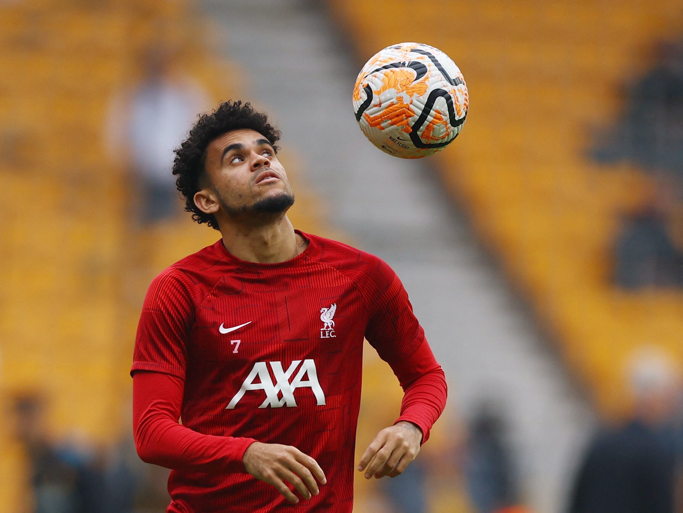 Soccer Football - Premier League - Wolverhampton Wanderers v Liverpool - Molineux Stadium, Wolverhampton, Britain - September 16, 2023 Liverpool's Luis Diaz during the warm up before the match Action Images via Reuters/Matthew Childs NO USE WITH UNAUTHORIZED AUDIO, VIDEO, DATA, FIXTURE LISTS, CLUB/LEAGUE LOGOS OR 'LIVE' SERVICES. ONLINE IN-MATCH USE LIMITED TO 45 IMAGES, NO VIDEO EMULATION. NO USE IN BETTING, GAMES OR SINGLE CLUB/LEAGUE/PLAYER PUBLICATIONS.