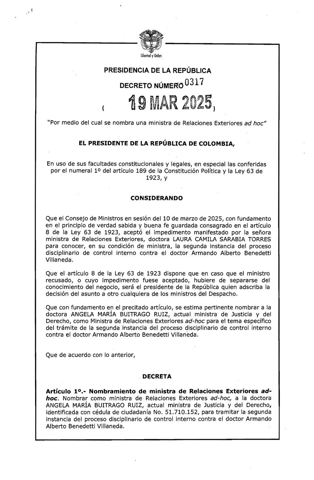 Decreto presidente Gustavo Petro impedimento Laura Sarabia