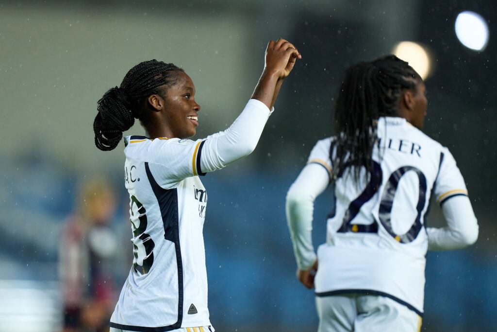 MADRID, SPAIN - OCTOBER 22: Linda Caicedo of Real Madrid celebrates after scoring the team's first goal during the Liga F match between Real Madrid and Levante UD at Estadio Alfredo Di Stefano on October 22, 2023 in Madrid, Spain. (Photo by Angel Martinez/Getty Images,)