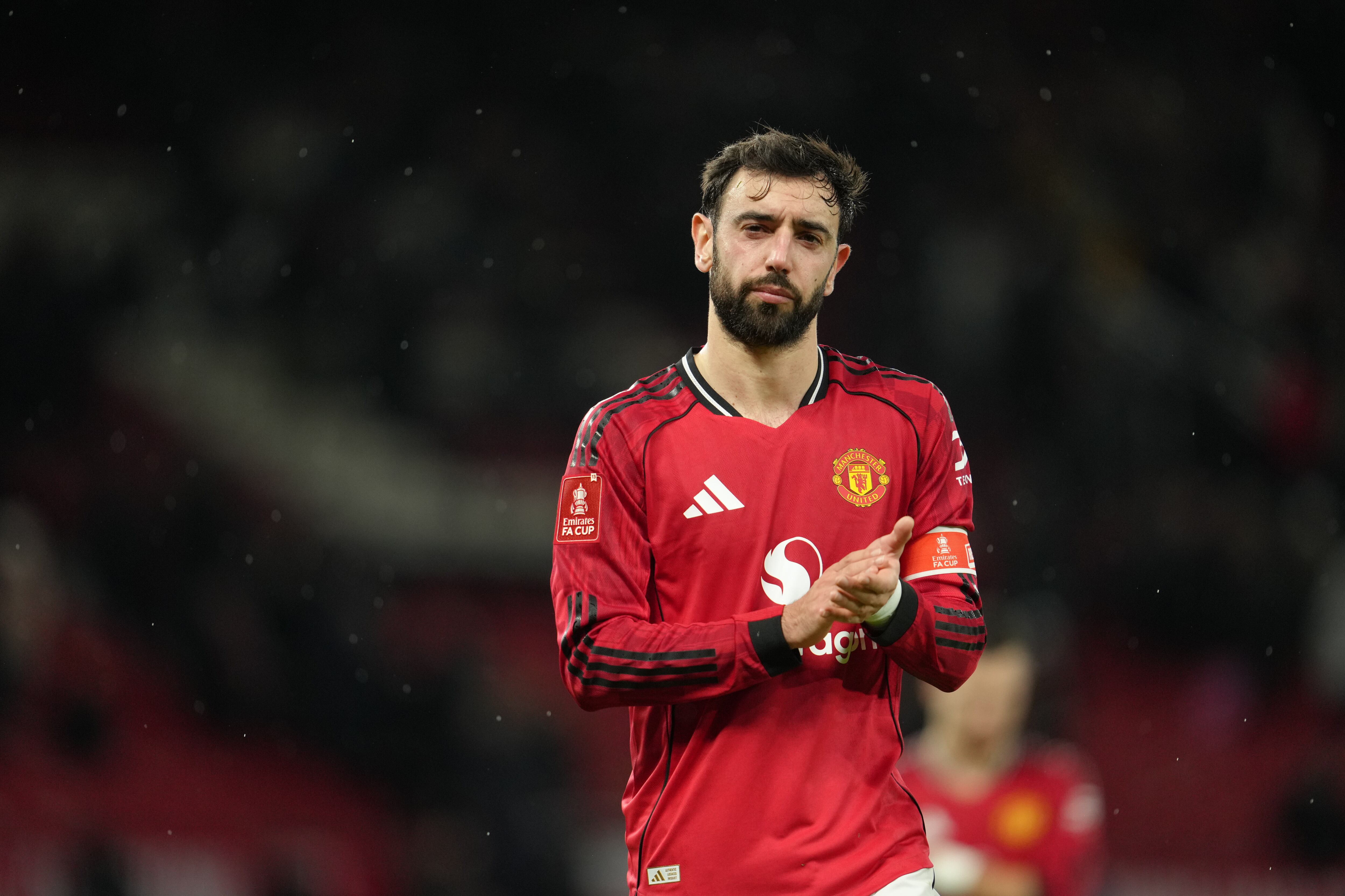 Manchester United's Bruno Fernandes walks off the pitch after the FA Cup third round soccer match between Manchester United and Brighton in Manchester, England, Sunday, Jan. 11, 2026. (AP Photo/Jon Super)