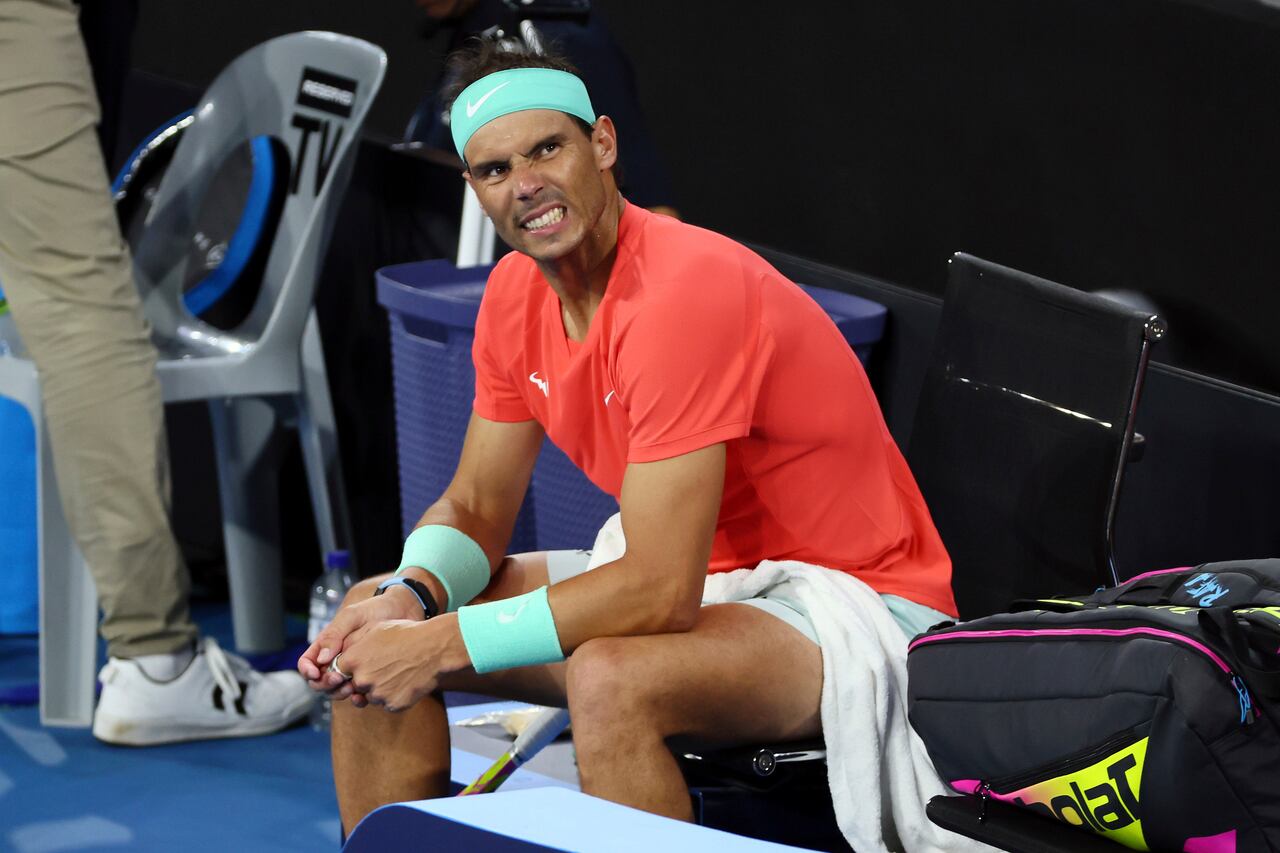 Rafael Nadal of Spain reflects between games in his quarter-final match against Jordan Thompson of Australia during the Brisbane International tennis tournament in Brisbane, Australia, Friday, Jan. 5, 2024. (AP Photo/Tertius Pickard)