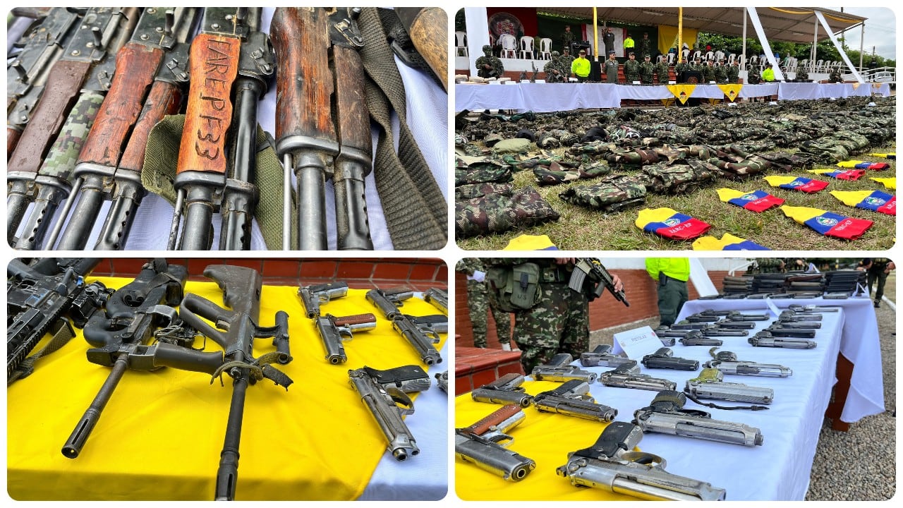 Estas fueron las armas que entregaron los 63 guerrilleros de las Farc cuando se entregaron al Ejército este viernes.