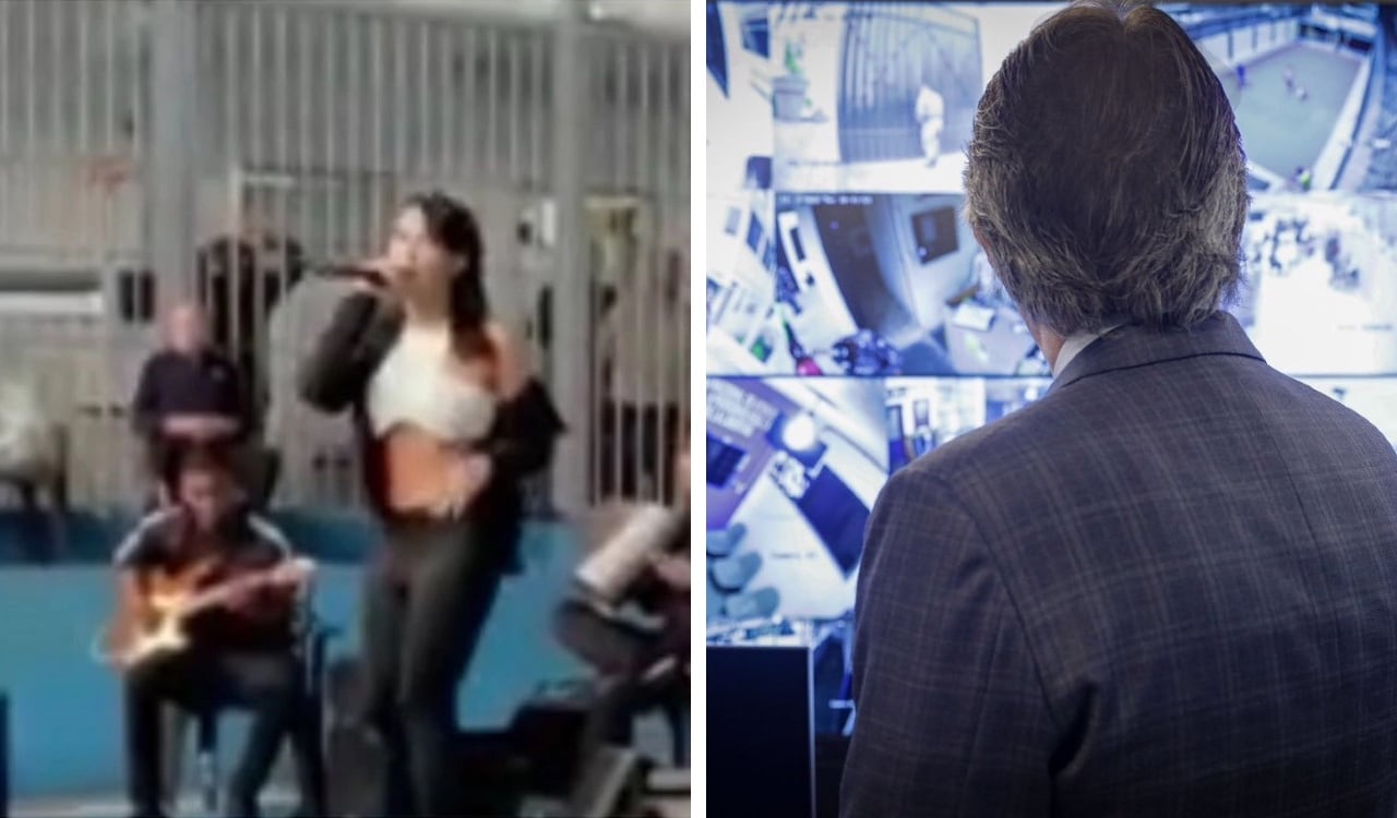 En la izquierda, la cantante Ana del Castillo en plena parranda en un pabellón de una cárcel colombiana, en la derecha el presidente de Ecuador, Guillermo Lasso, poniendo a trabajar el nuevo sistema de seguridad en las cárceles del país