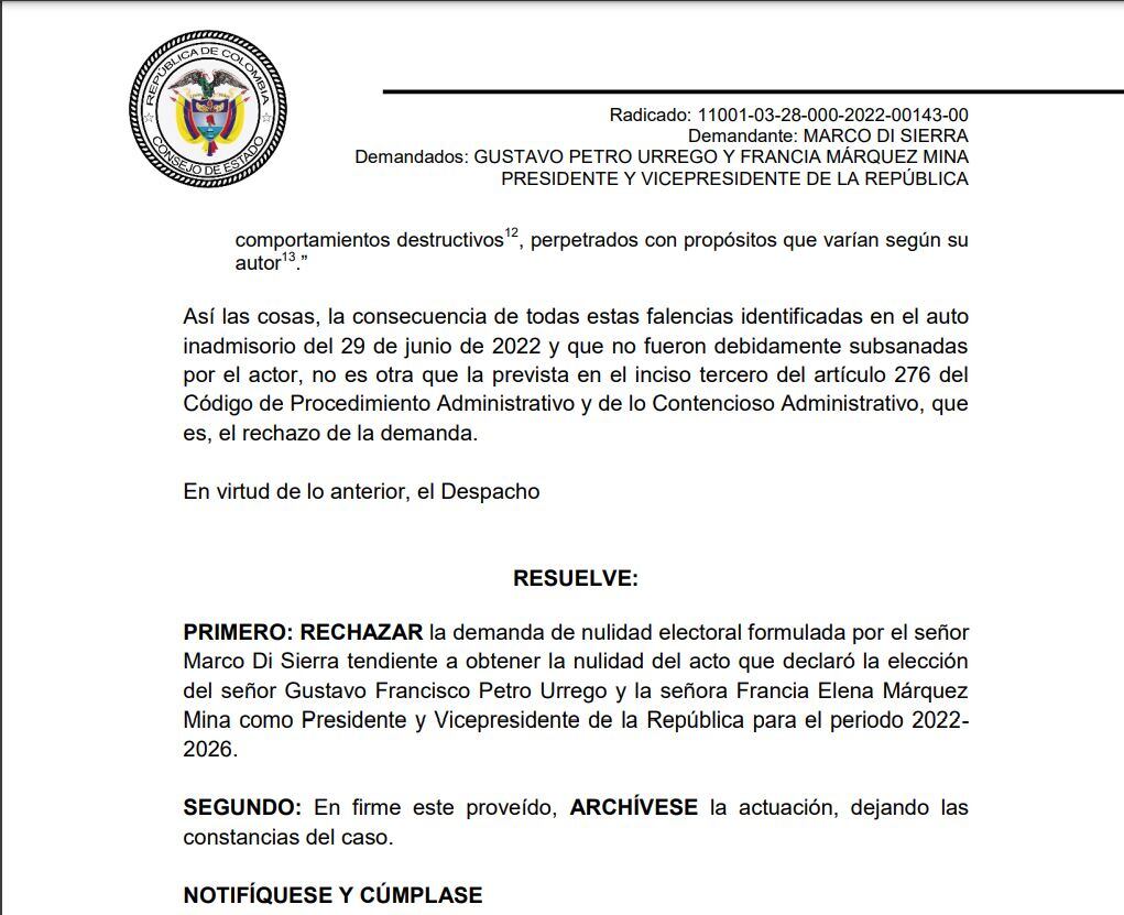 El Consejo de Estado rechazó definitivamente la demanda contra la elección de Gustavo Petro y Francia Márquez.