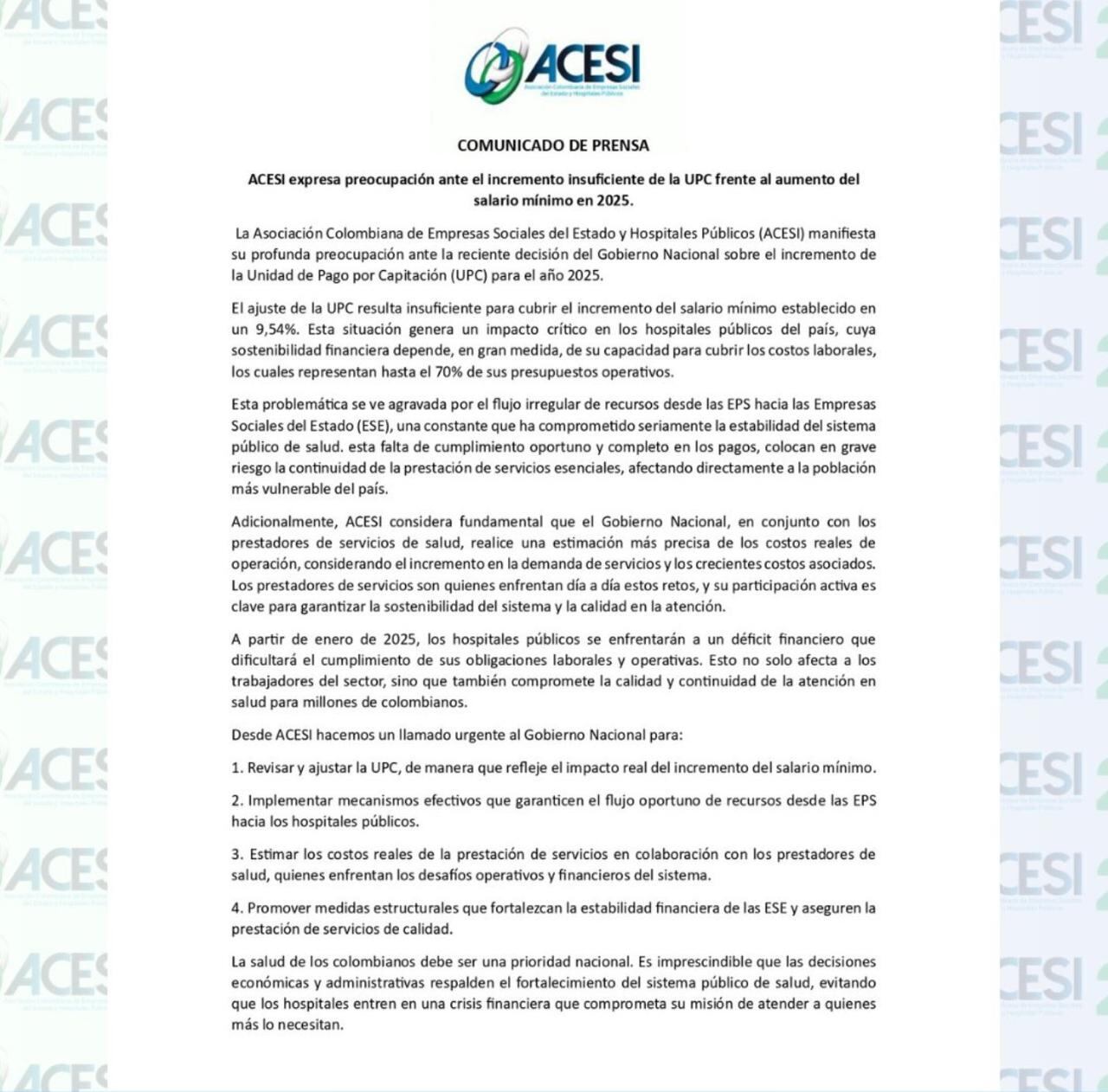 “Los hospitales públicos se enfrentarán a un déficit financiero”, la alerta de ACESI por el insuficiente incremento de la UPC