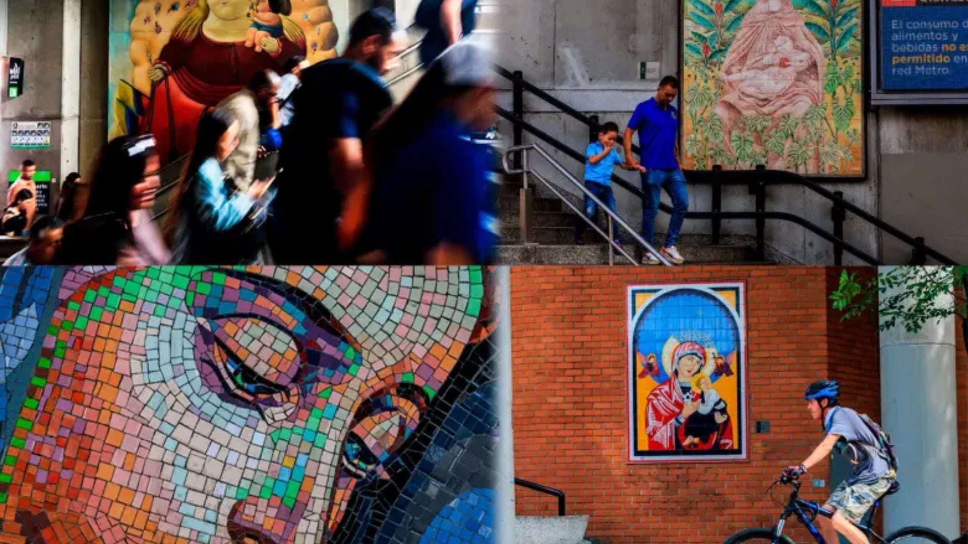 Varias estaciones del Metro de Medellín exhiben imágenes de la Virgen María como parte de un proyecto cultural que surgió en los años noventa para promover respeto, protección simbólica y apropiación ciudadana del sistema.