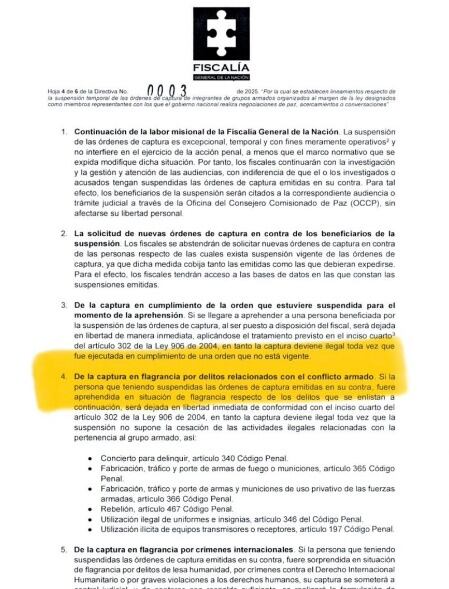 Directiva de la Fiscalía sobre libertades en caso de criminales beneficiados con la paz total.