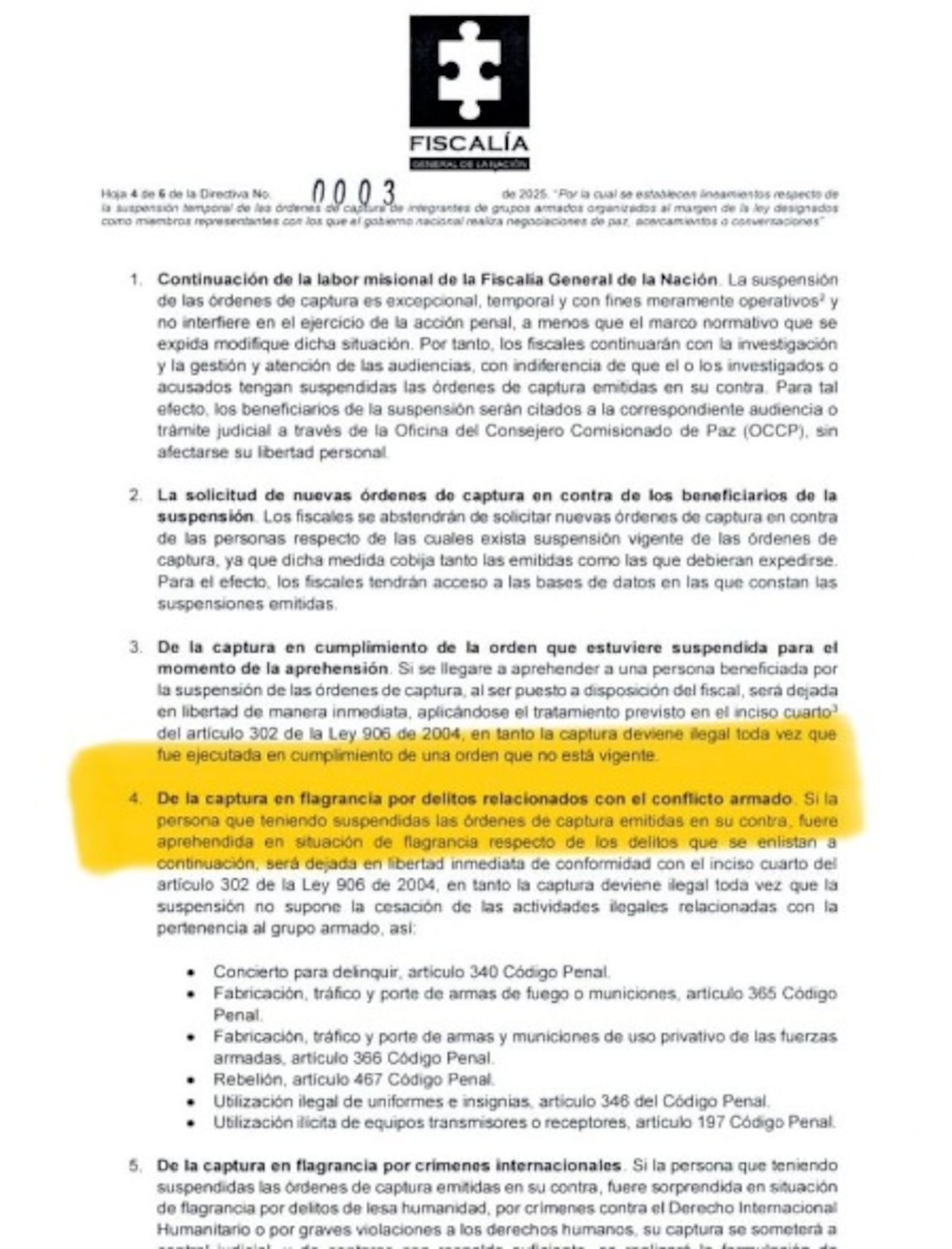 Directiva de la Fiscalía sobre libertades en caso de criminales beneficiados con la paz total.