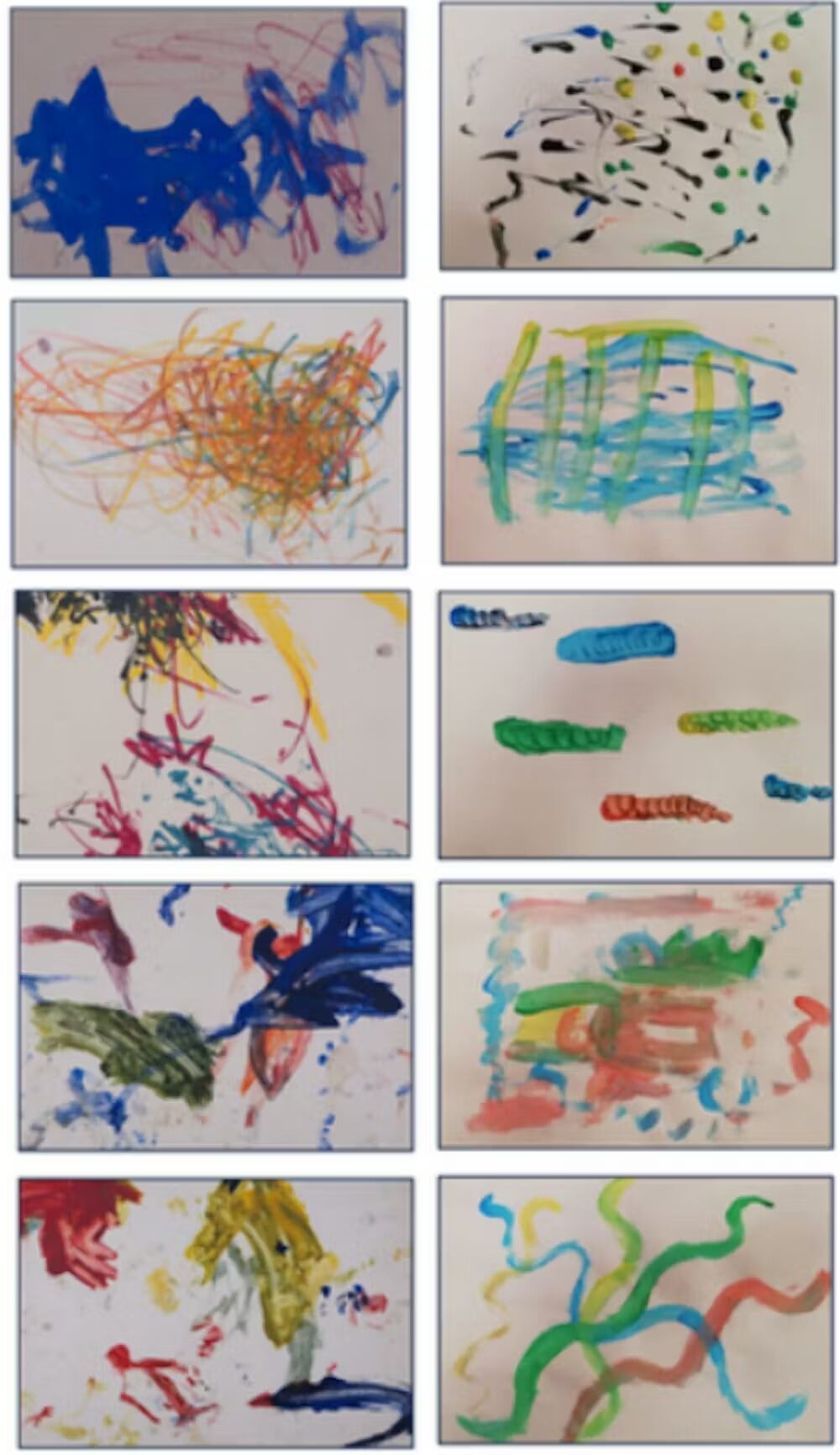 Algunas de las obras usadas en el estudio. A la izquierda, obras hechas por chimpancés, parte de la colección Schretlen. A la derecha, obras hechas por personas sin entrenamiento formal. Larissa M. Straffon, Juan O. Perea-García, Tijmen den Blaauwen, Mariska E. Kret, CC BY