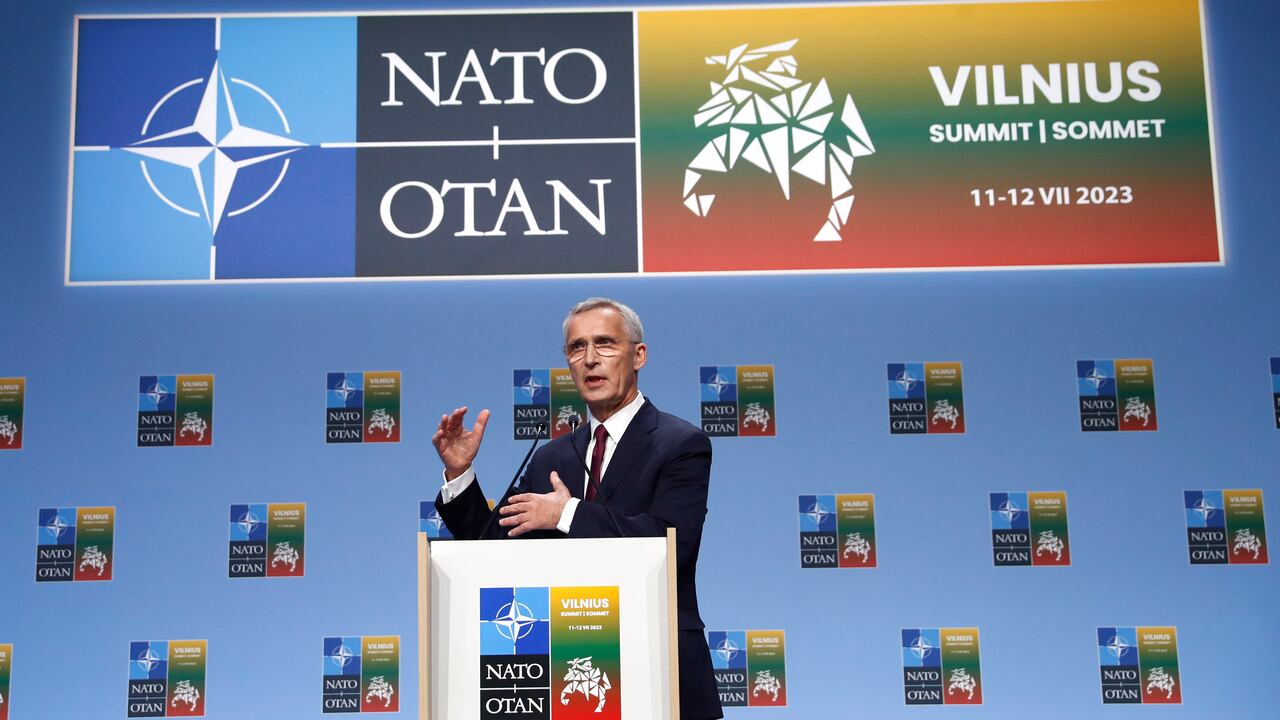 NATO Secretary General Jens Stoltenberg speaks during a media conference at the NATO summit in Vilnius, Lithuania, Tuesday, July 11, 2023. NATO's summit began Tuesday with fresh momentum after Turkey withdrew its objections to Sweden joining the alliance, a step toward the unity that Western leaders have been eager to demonstrate in the face of Russia's invasion of Ukraine. (AP Photo/Mindaugas Kulbis)