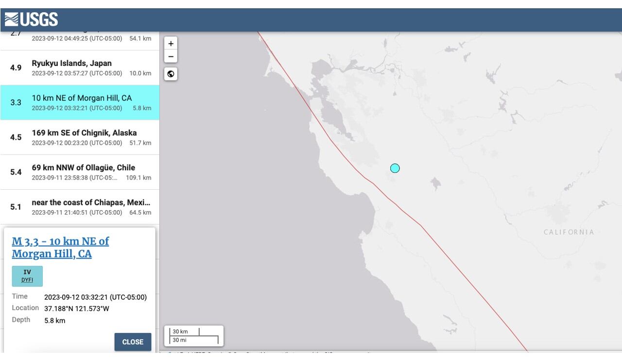Así registró el USGS el temblor en California el martes 12 de septiembre de 2023