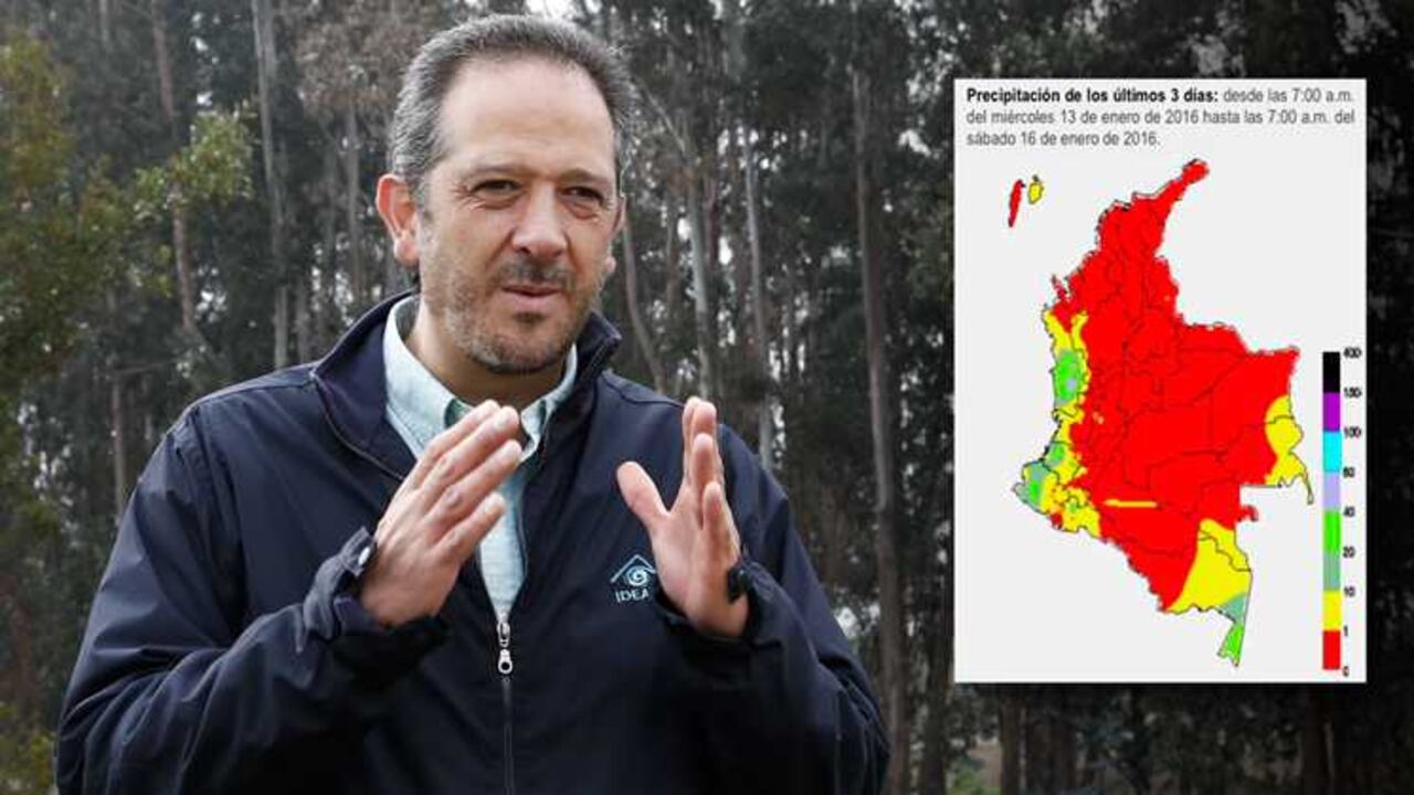 Omar Franco, director del Ideam. Mapa de la precipitación de los últimos tres días que muestra un claro déficit de lluvias.
