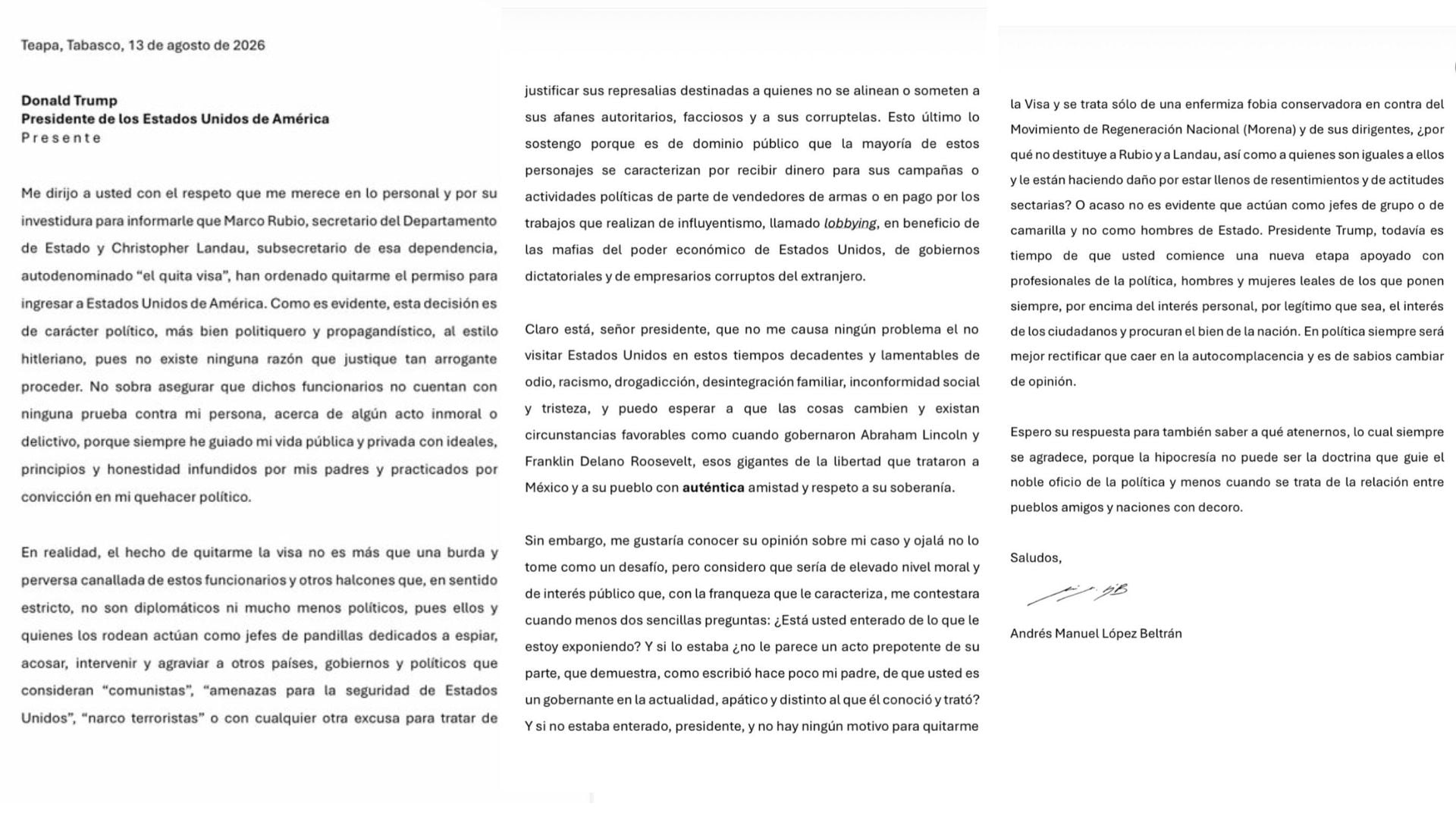 Carta enviada por Andrés Manuel López Beltrán al presidente de Estados Unidos, Donald Trump, tras asegurar que le fue retirada la visa para ingresar a ese país.