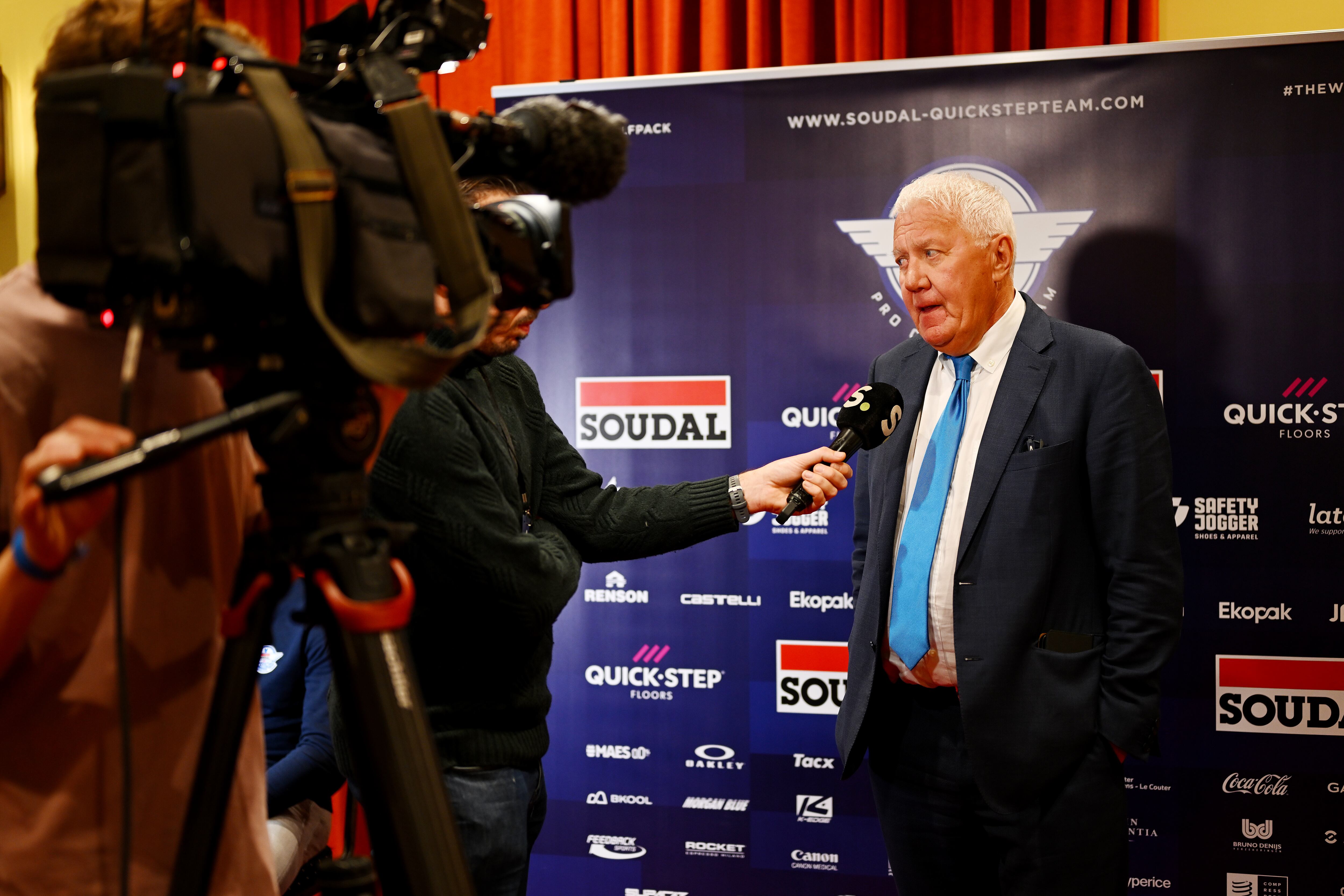 DE PANNE, BELGIUM - JANUARY 06: The General manager Patrick Lefevere of Belgium attends to the media press during the Soudal Quick-Step 2023 - Team Presentation on January 06, 2023 in De Panne, Belgium. (Photo by Luc Claessen/Getty Images)