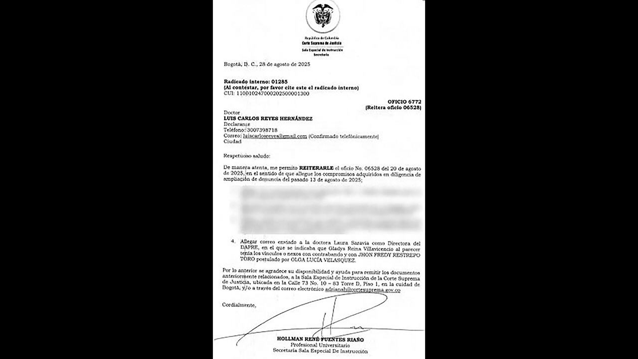 Esta fue la solicitud de la Corte Suprema a Luis Carlos Reyes para que entregara las pruebas de la orden que recibió directamente de Laura Sarabia.