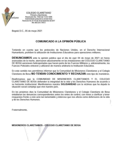 Comunicado del Colegio Claretiano.