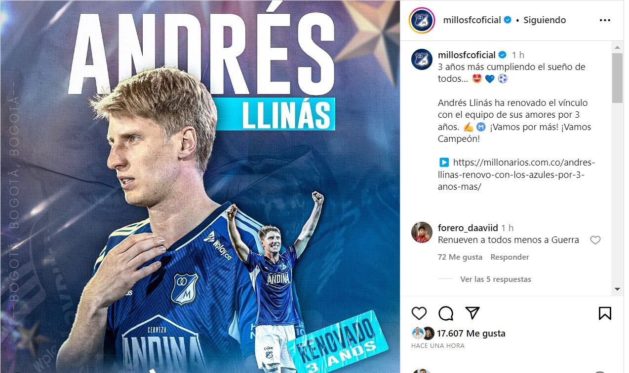 Anuncio de la renovación de Andrés Llinás.