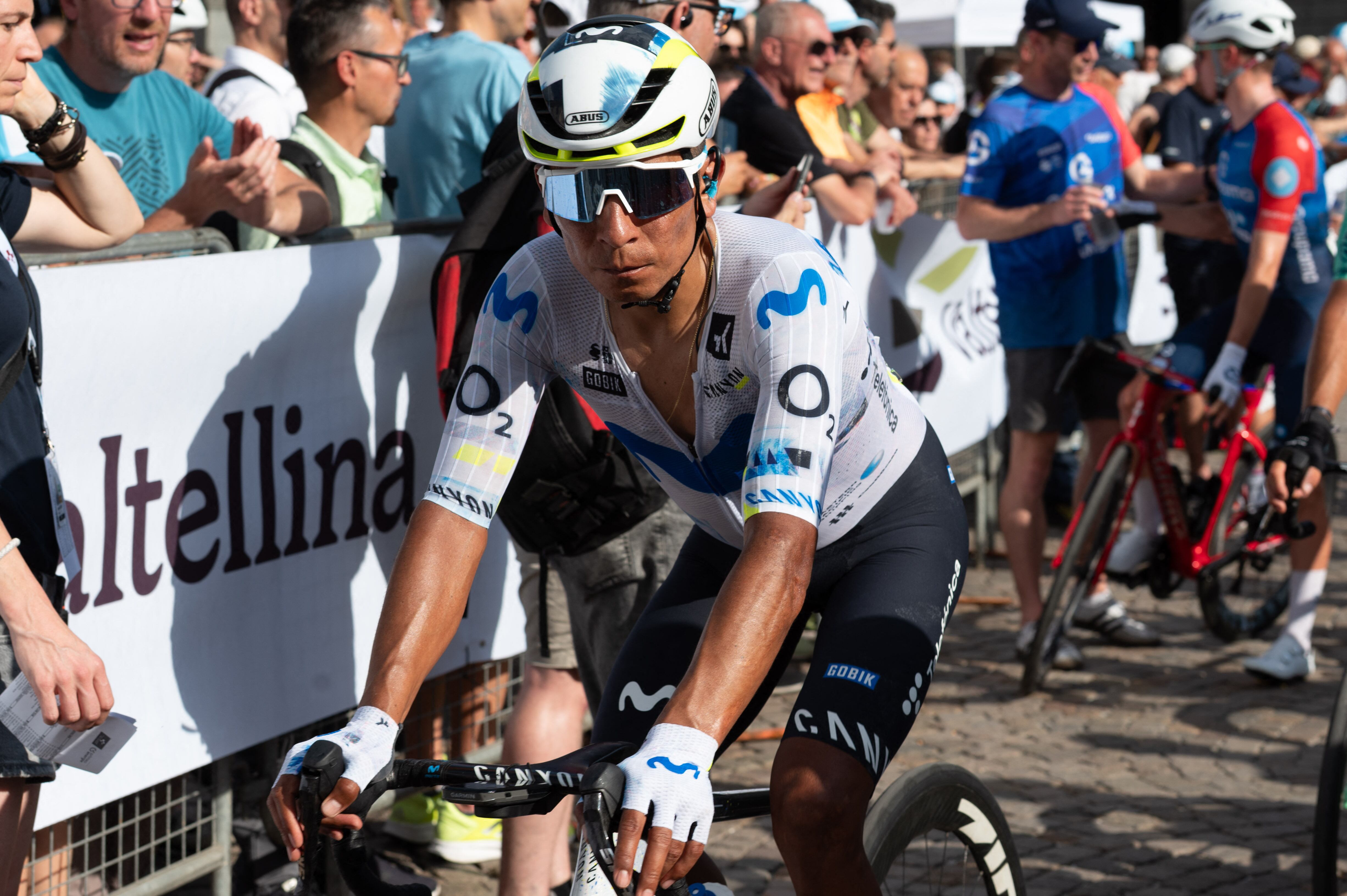 Nairo Quintana participates in the 1st stage of the Tour de Suisse 2026 starting in Sondrio, Italy, on June 17, 2026. (Photo by Silvia Colombo/NurPhoto) (Photo by Silvia Colombo / NurPhoto via AFP)