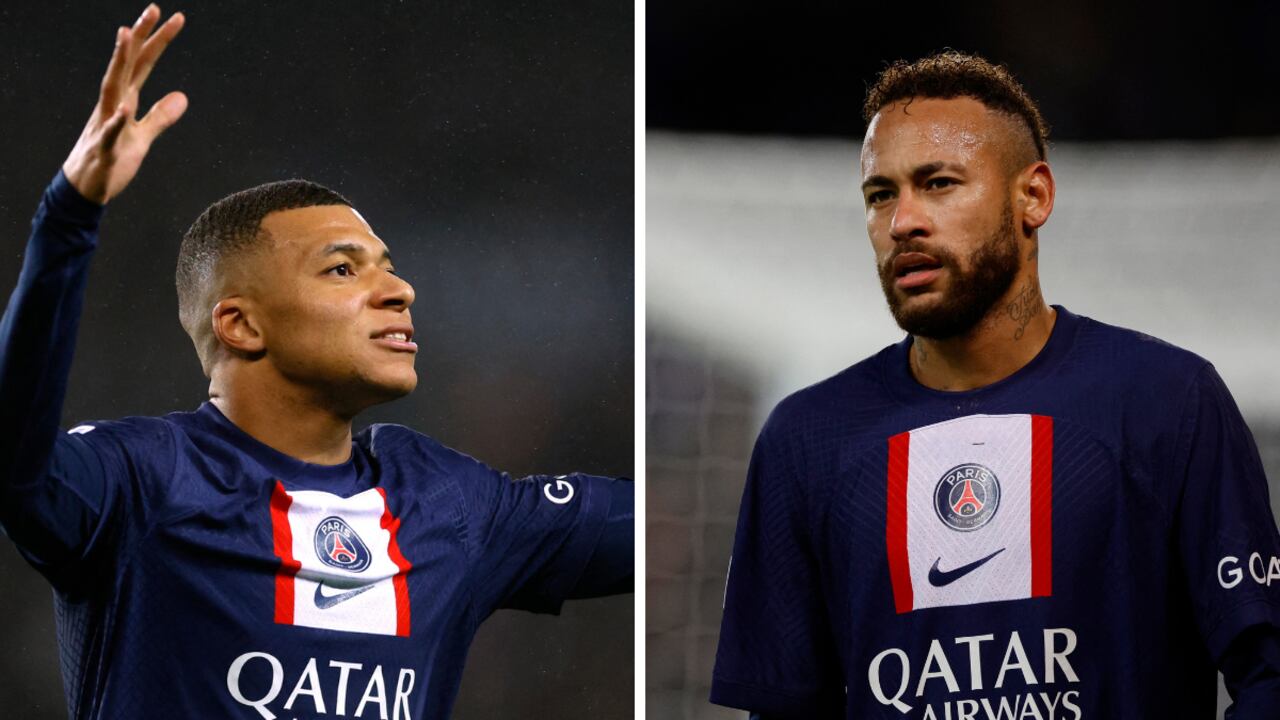 Mbappé celebrando el gol de la victoria ante Estrasburgo, mientras que Neymar resignado por su expulsión.
