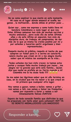 Karol G publicó un emotivo mensaje en redes previo a su primer concierto en Medellín.