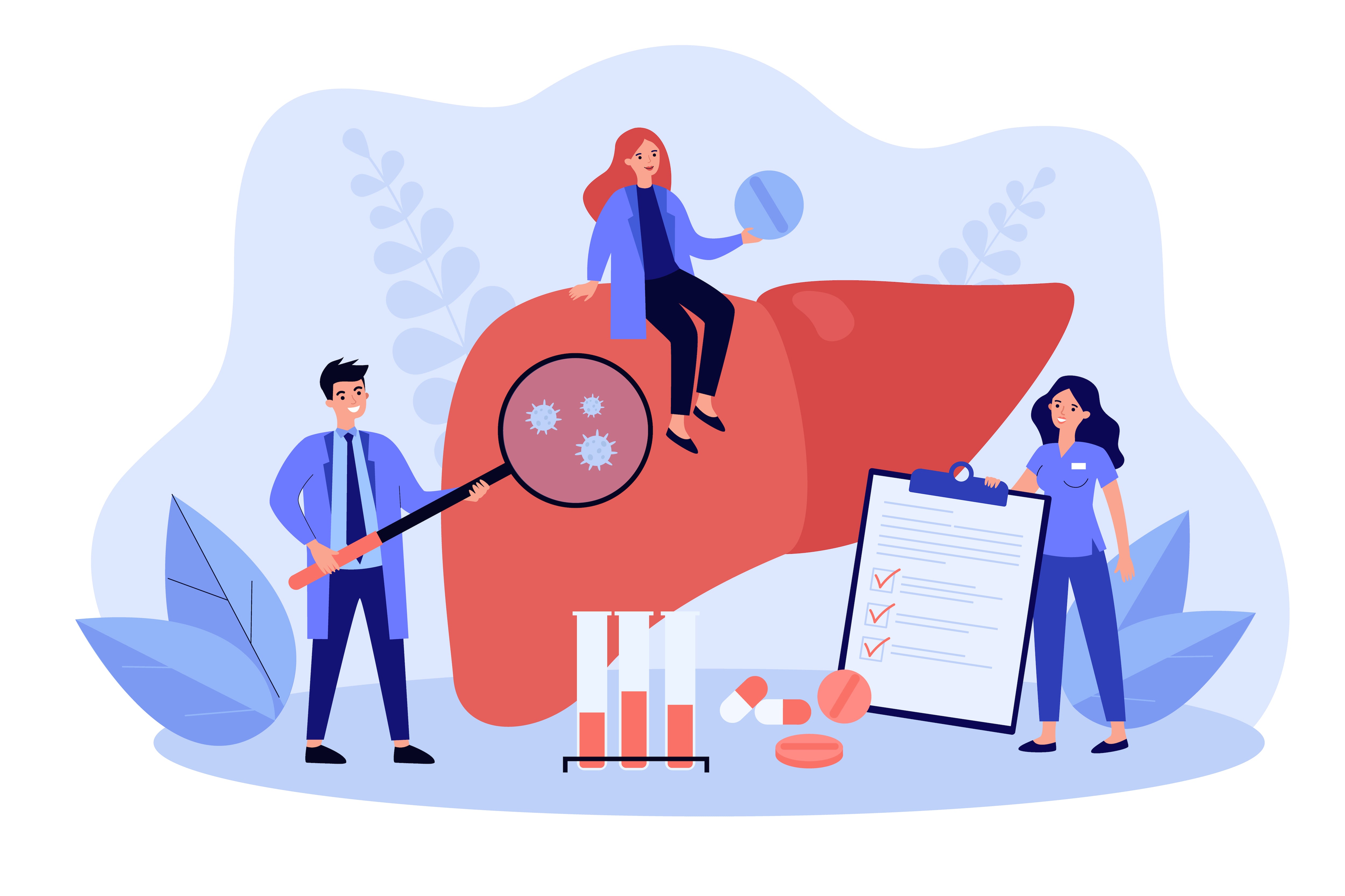 Médicos que examinan el hígado humano en busca de hepatitis