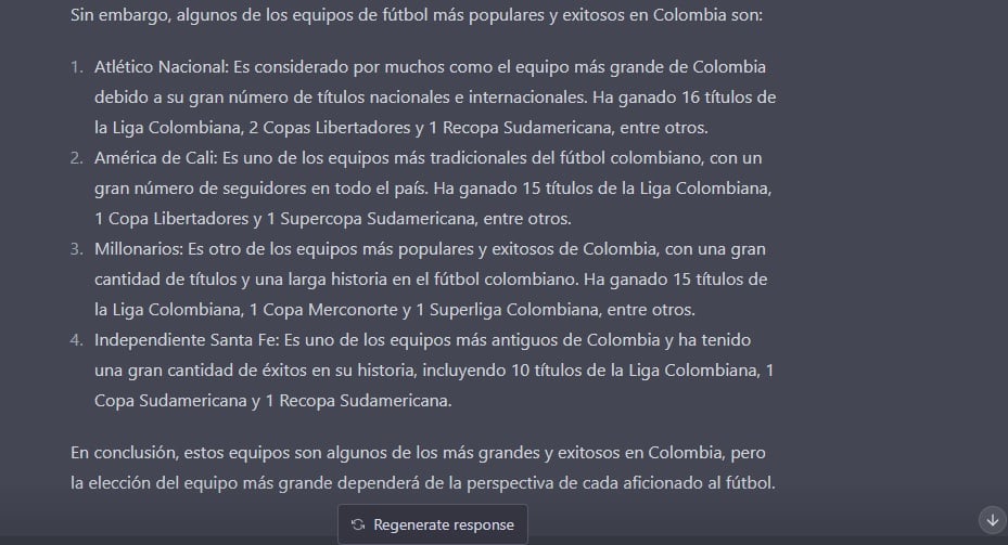 Atlético Nacional, América, Millonarios y Santa Fe son los más grandes del país según la Inteligencia Artificial. Foto: Captura ChatGPT.