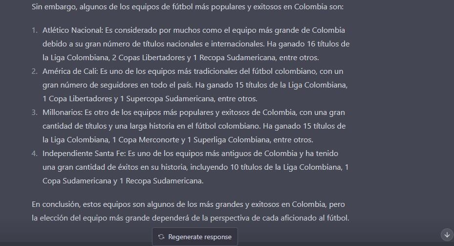 Atlético Nacional, América, Millonarios y Santa Fe son los más grandes del país según la Inteligencia Artificial. Foto: Captura ChatGPT.