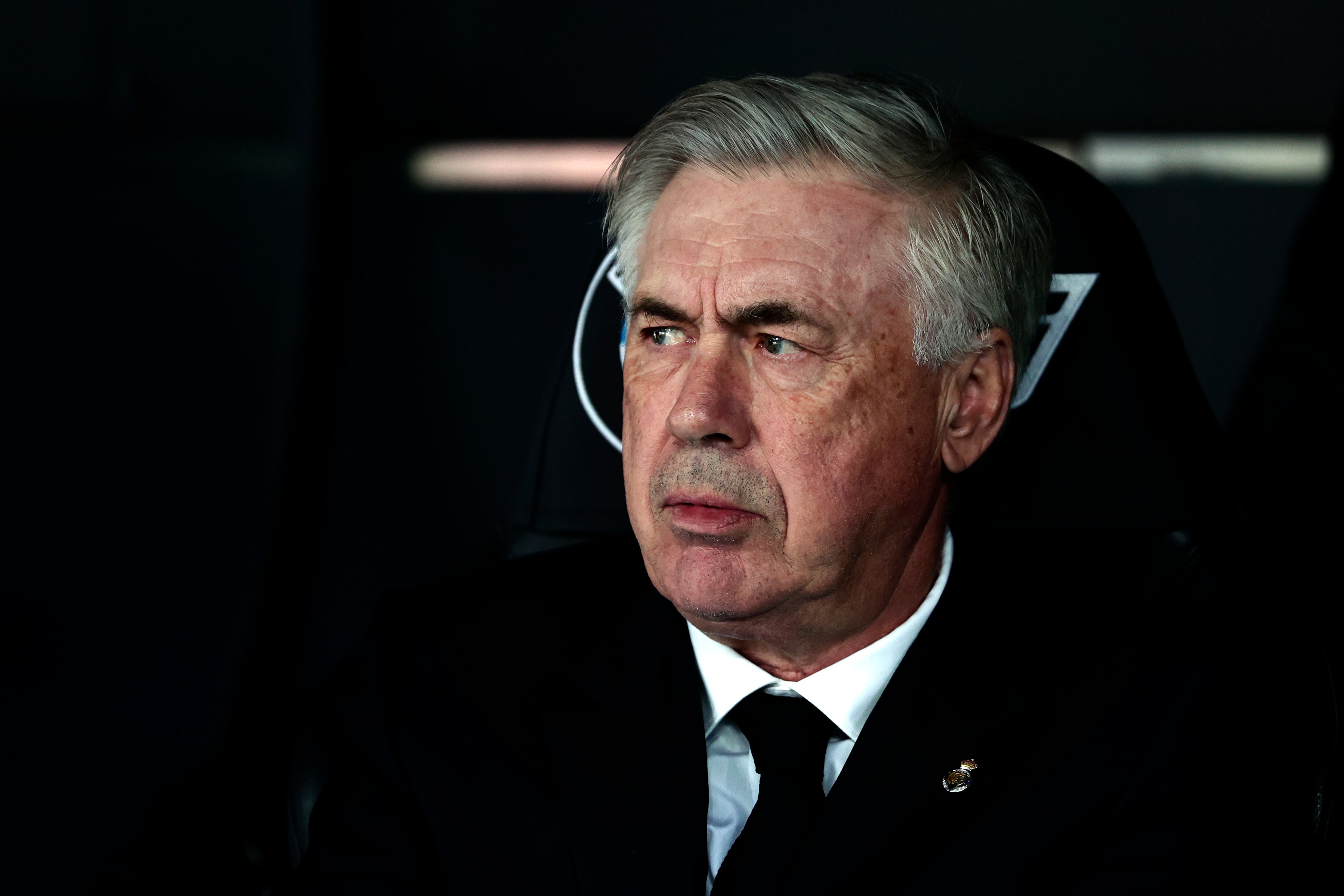 Real Madrid's head coach Carlo Ancelotti attends the Spanish La Liga soccer match between Real Madrid and Valladolid at the Santiago Bernabeu stadium in Madrid, Spain, Sunday, April 2, 2023. (AP Photo/Pablo Garcia)