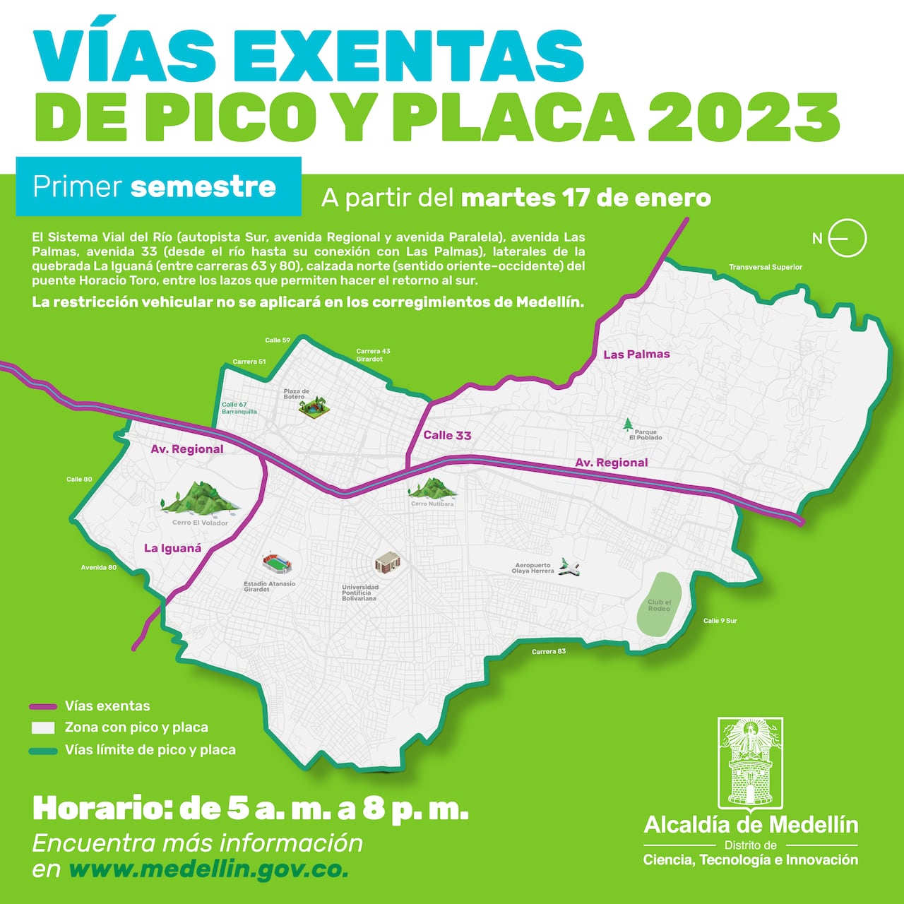 El pico y placa se aplica desde las 5:00 a. m. hasta las 8:00 p. m. en jornada continua