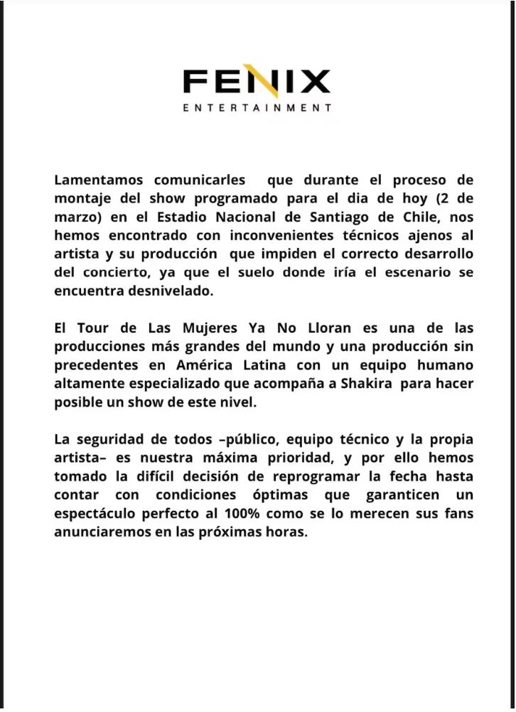 Empresa organizadora del concierto de Shakira en Chile se pronunció