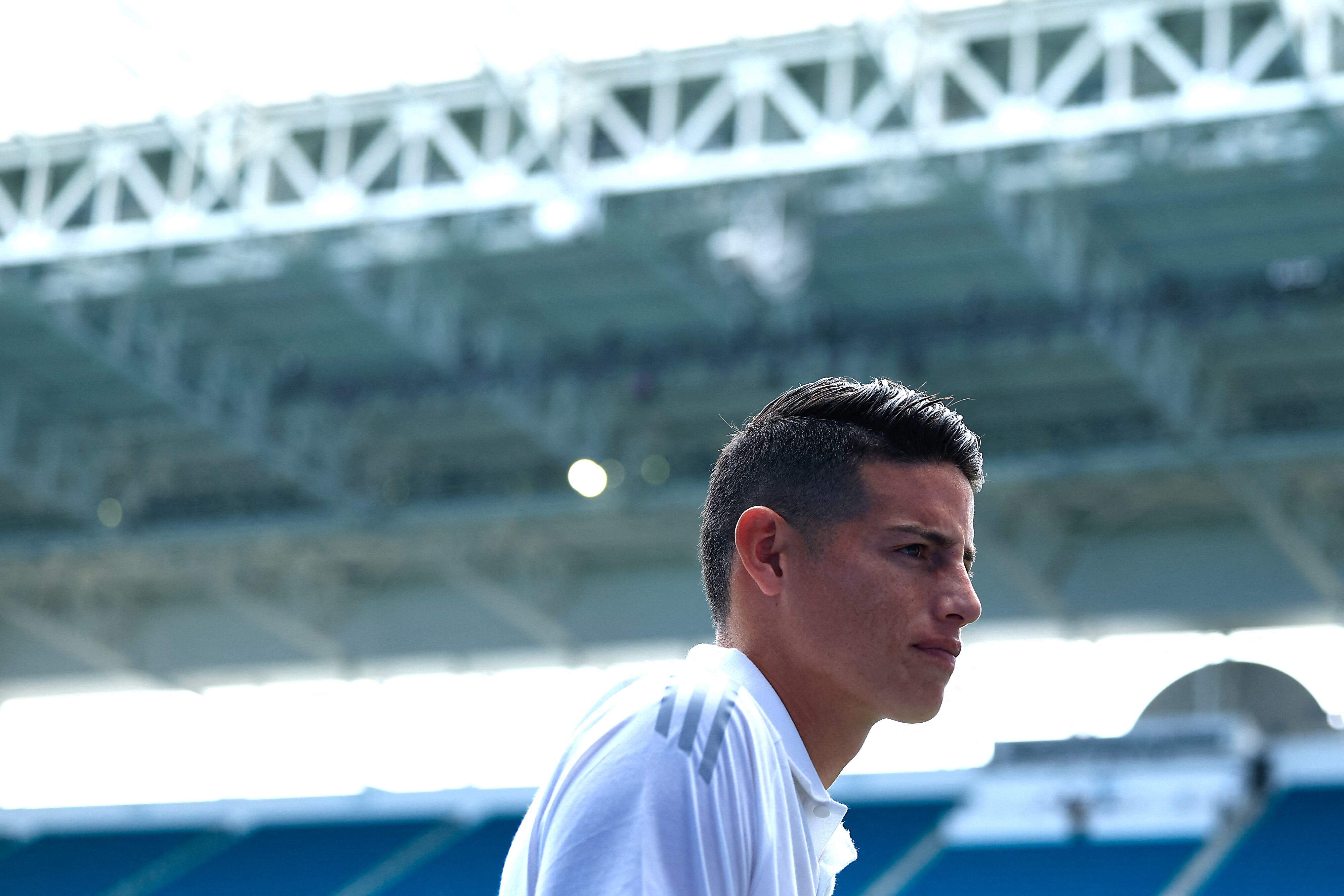 MIAMI GARDENS, FLORIDA - JULY 13: James Rodr�guez #10 of Colombia looks on during field regonition ahead of their final match against Argentina as part of CONMEBOL Copa America USA 2024 at Hard Rock Stadium on July 13, 2024 in Miami Gardens, Florida.   Buda Mendes/Getty Images/AFP (Photo by Buda Mendes / GETTY IMAGES NORTH AMERICA / Getty Images via AFP)