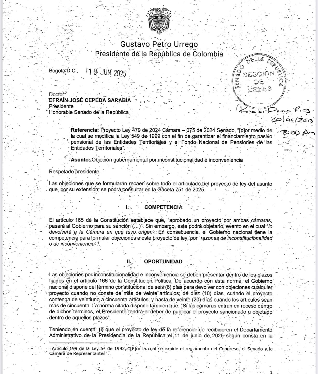 Carta de Gustavo Petro a Efraín Cepeda