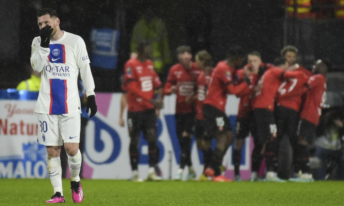 PSG's Lionel Messi reacts after Rennes' Hamari Traore scored his side's opening goal during the League One soccer match Rennes against Paris Saint-Germain at the Roazhon Park stadium Sunday, Jan. 15, 2023 in Rennes, western France. (AP/Mathieu Pattier)