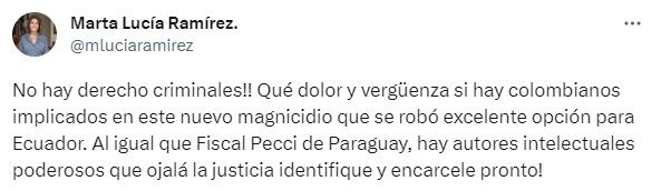 Marta Lucía Ramírez se pronuncia sobre el asesinato Fernando Villavicencio en Ecuador