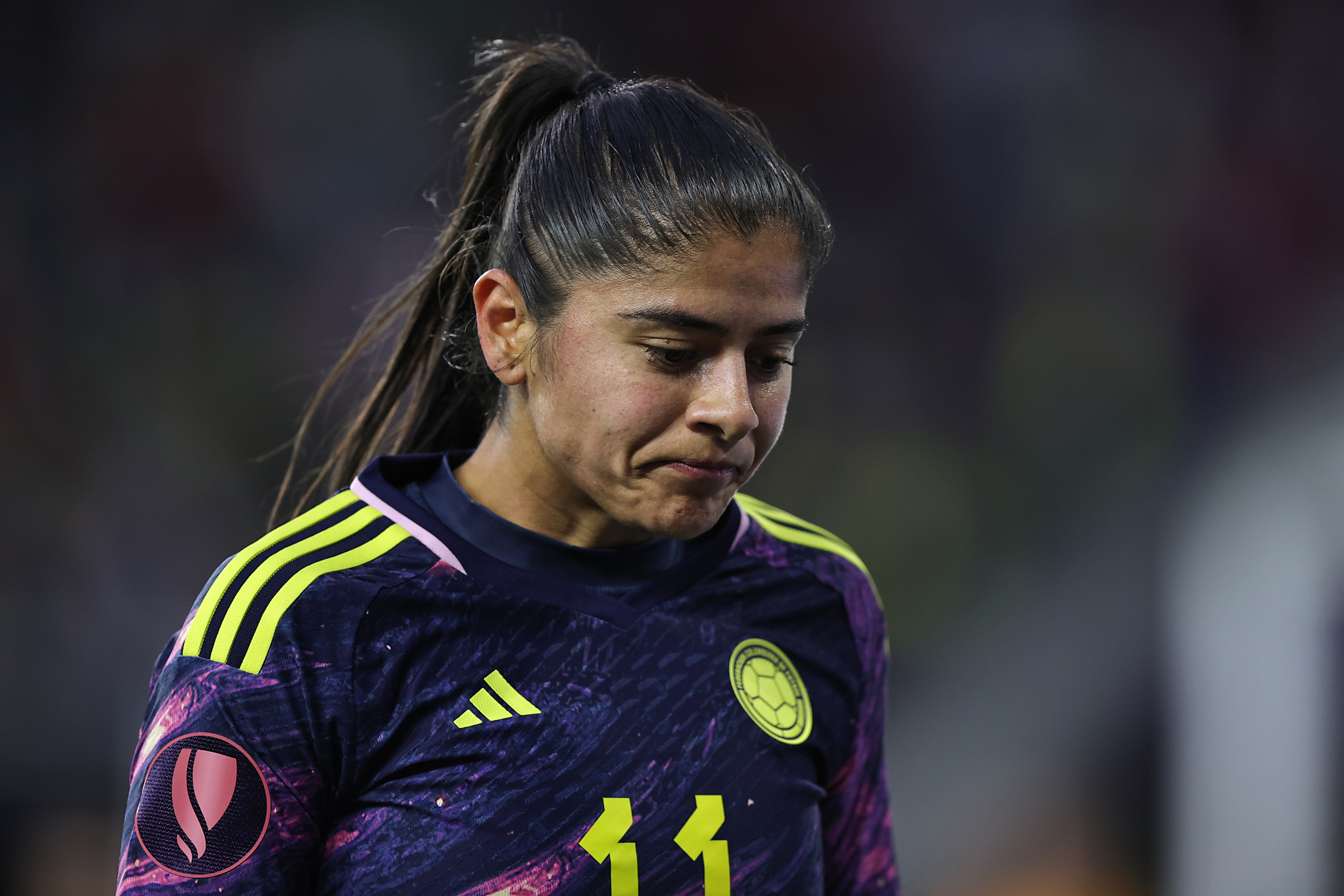 LOS ANGELES, CALIFORNIA - MARCH 3: Maria Usme Pineda #11 of Colombia gestures during the 2024 Concacaf W Gold Cup Quarterfinals match between United States and Colombia at BMO Stadium on March 3, 2024 in Los Angeles, California. (Photo by Omar Vega/Getty Images)