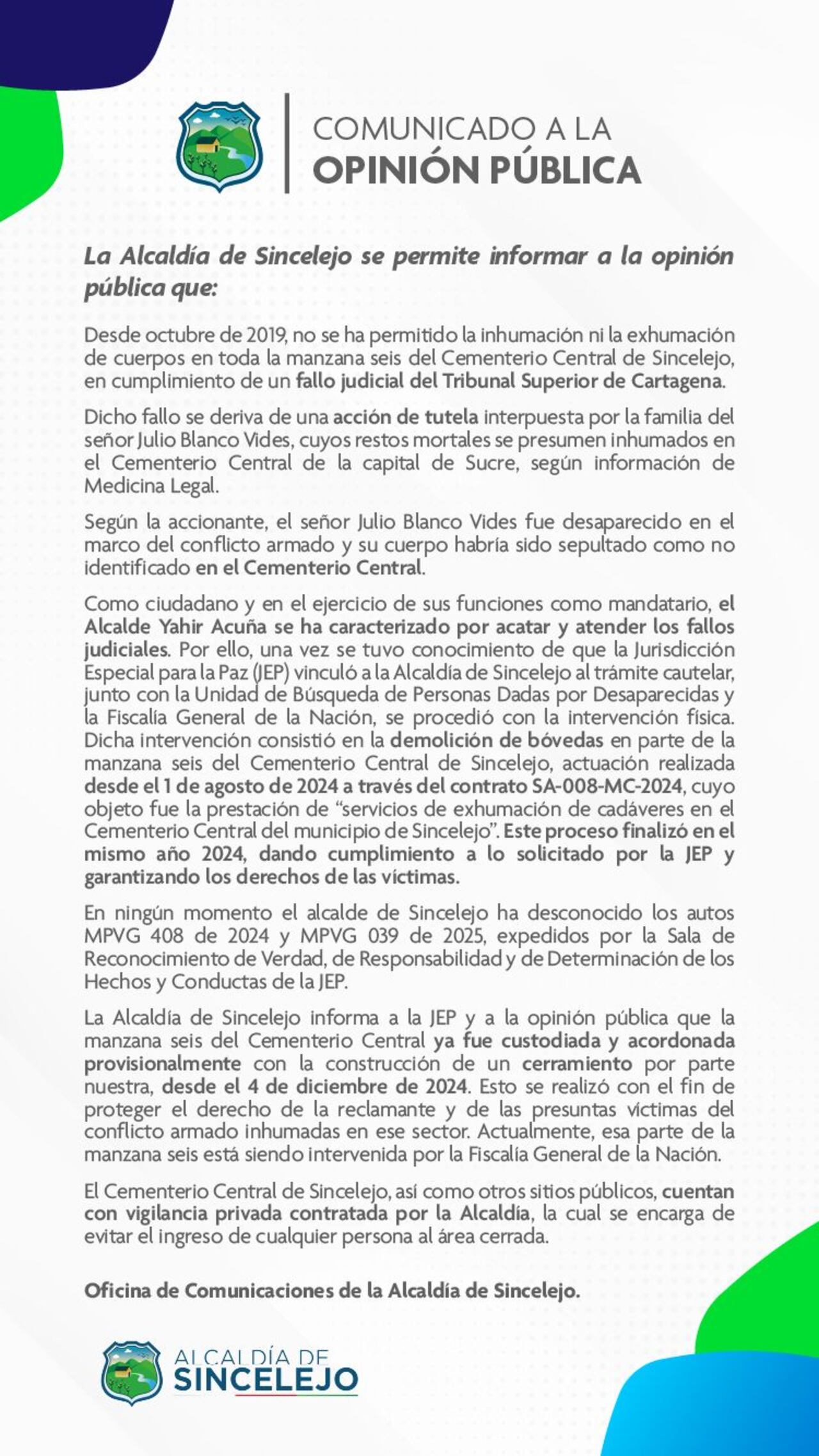 Comunicado Alcaldía de Sincelejo