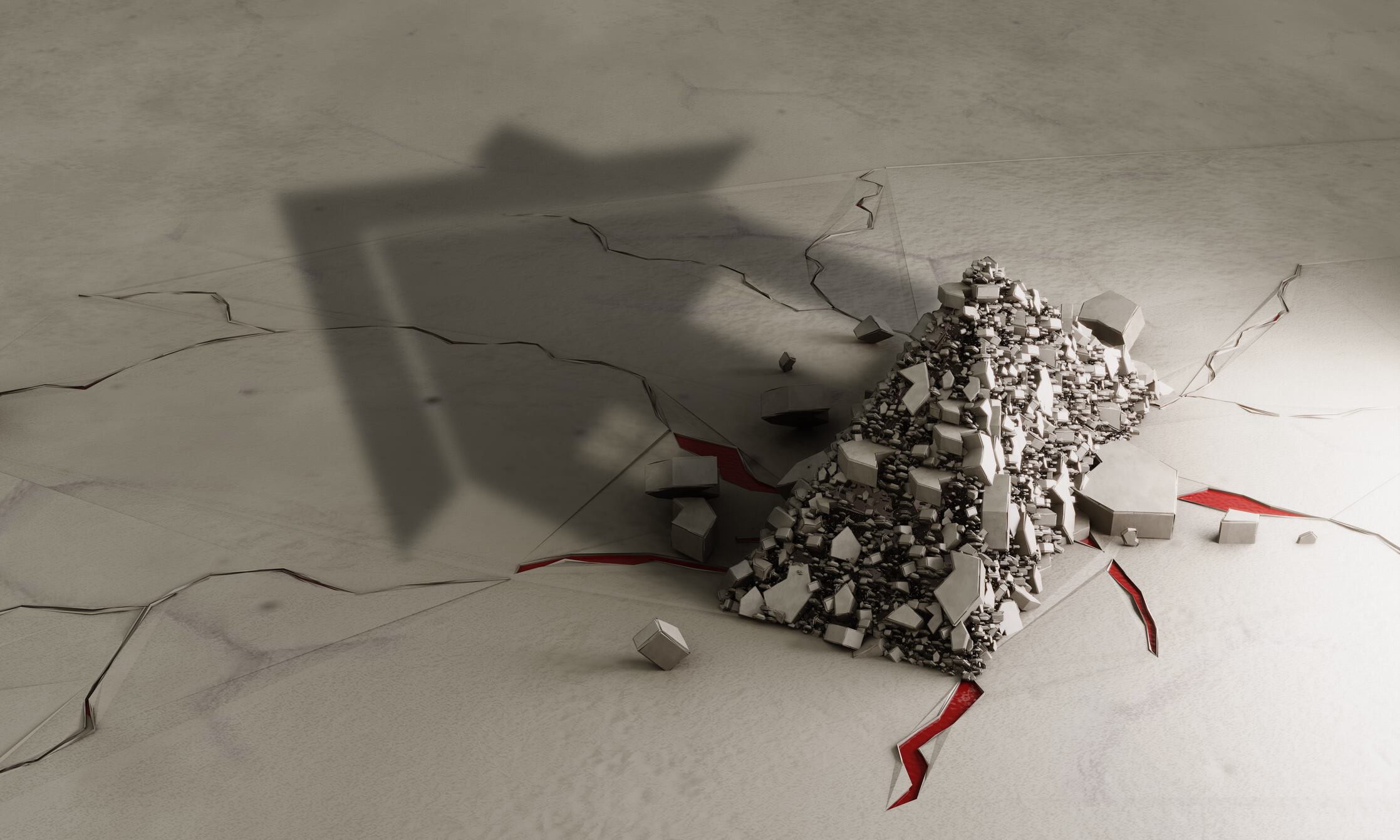 Digital generated debris behind solid house shadow with fractures and blood in it. (3d render)