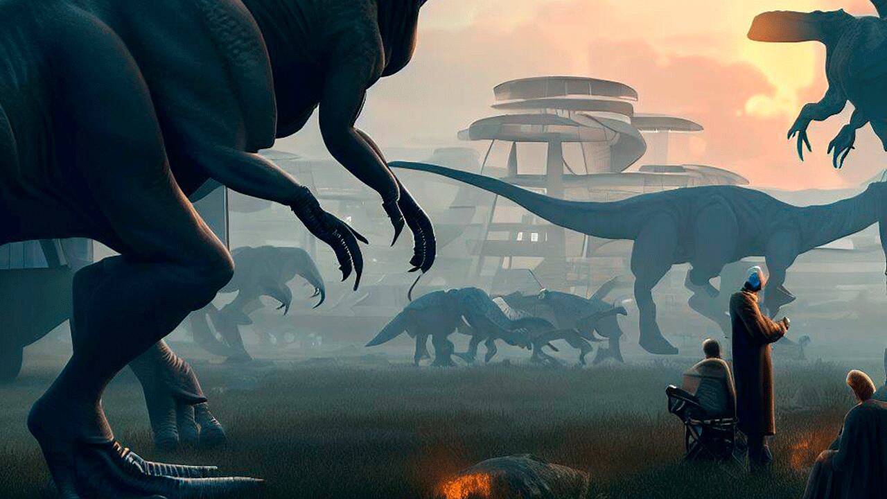 Ilustración creada con IA de dinosaurios en el mundo moderno