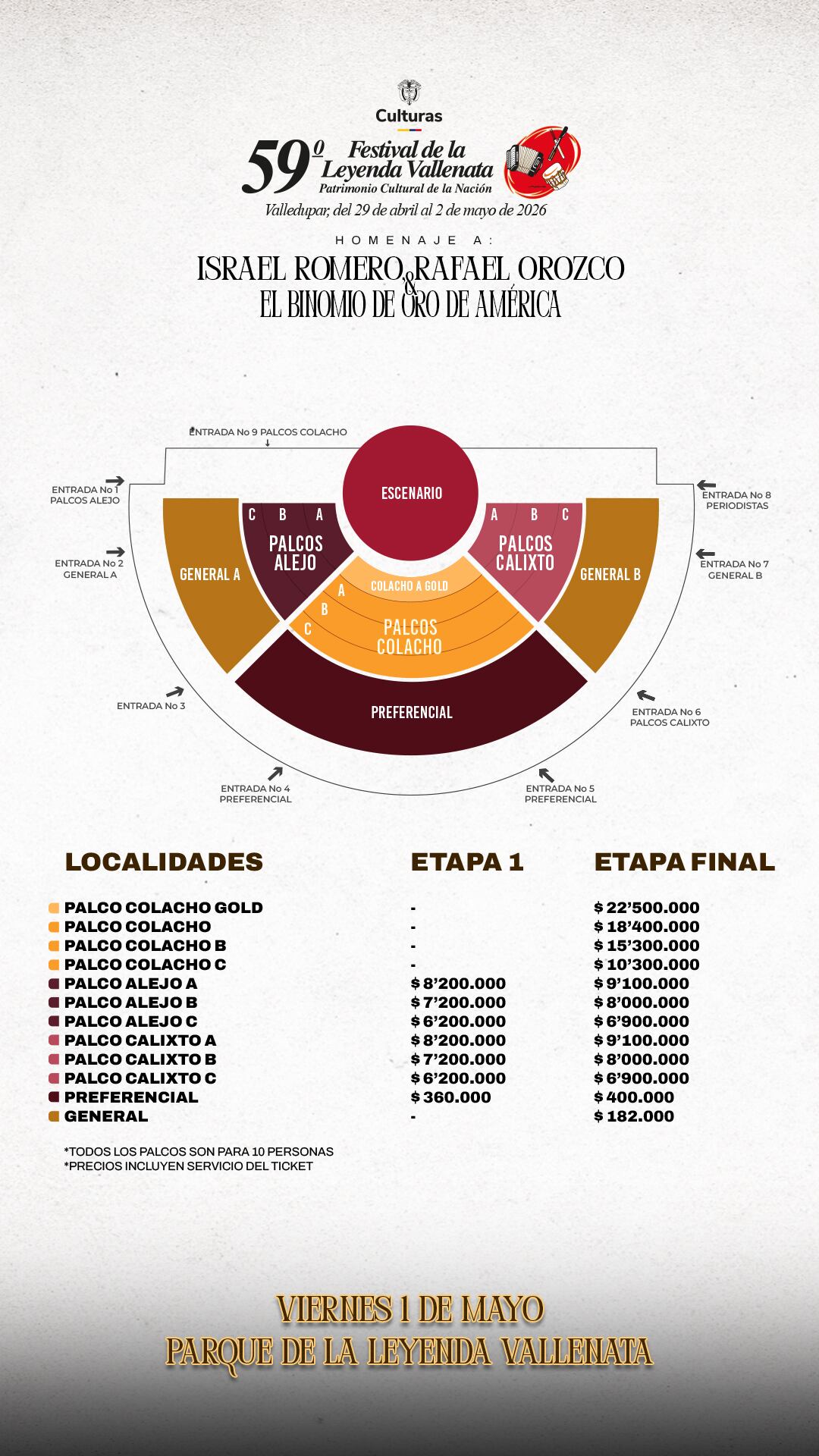 Festival de la Leyenda Vallenata - Precios del primero de mayo de 2026